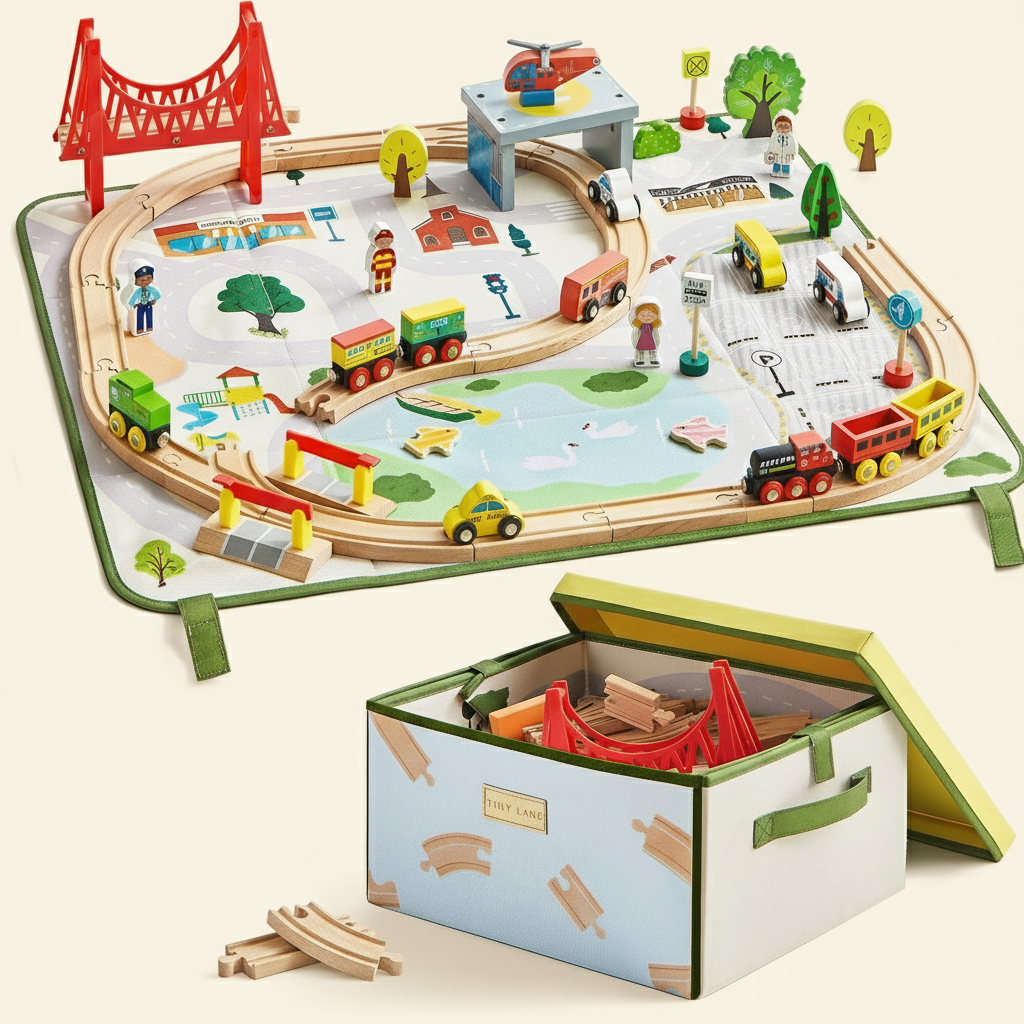 Tiny Land 110-Piece Wooden Train Set with Storage Box