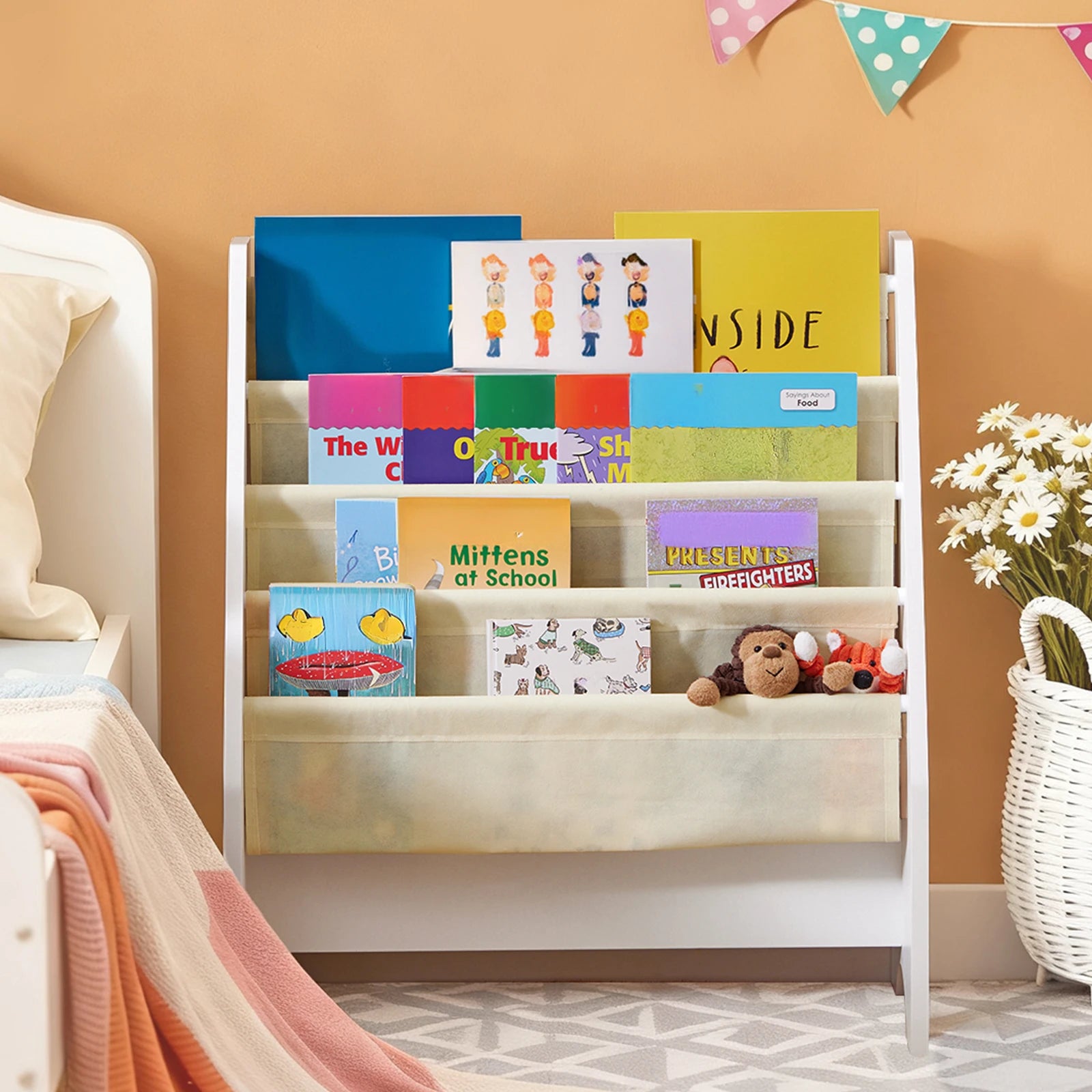 SoBuy FRG225-W Children's Bookshelf Hanging hand fan Shelf Newspaper stand with 4 Shelves Book Rack BHT approx: 62x71x29cm