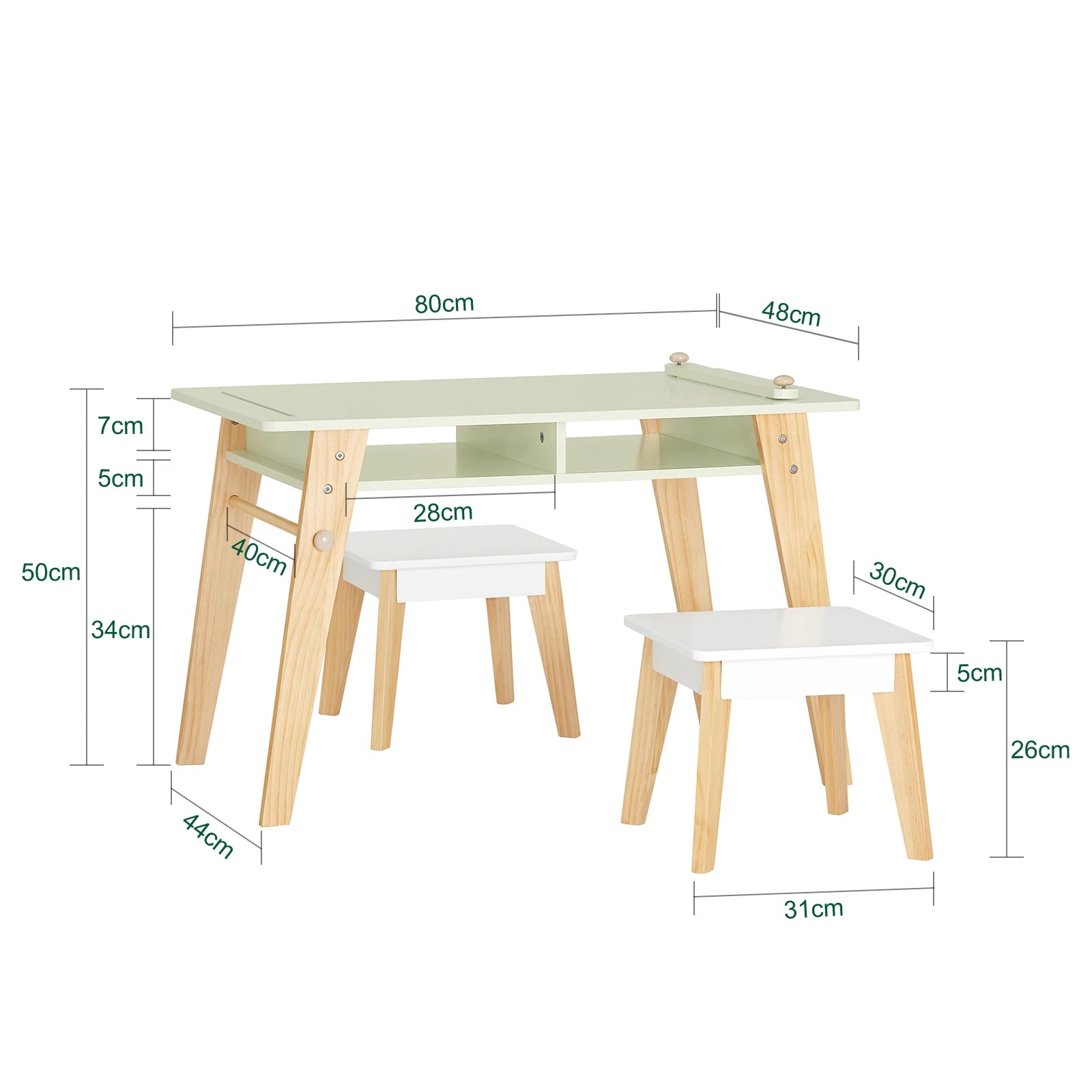 SoBuy KMB92-GR Children's table with 2 Chairs Child Seat Group with Storage Space for Children Child Seat Group Children White Green