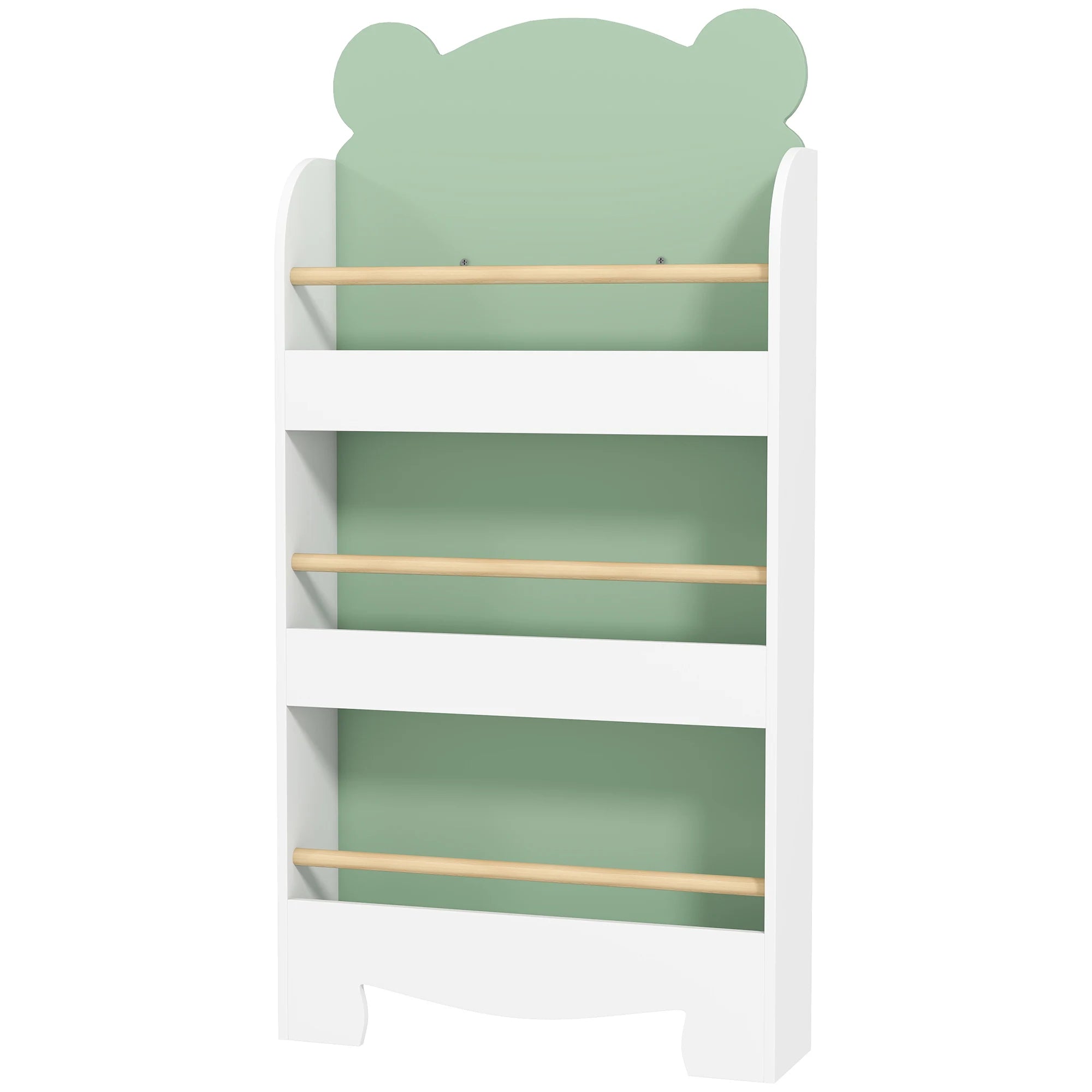 Kids Bookshelf Bookcase 3 Tier Bear Guard Rail Storage Cabinet Mint White Wooden Organizer For Kids Picture Books Freestanding Rack For Toddler Bedroom Playroom Reading Corner Indoor Children Book Storage Furniture