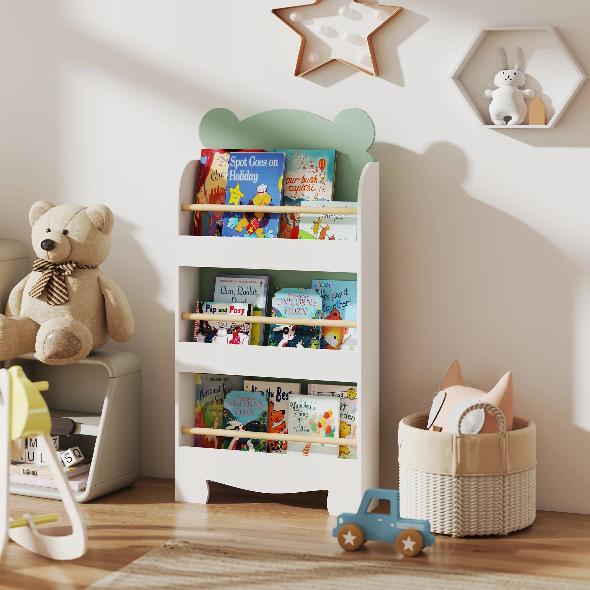 Kids Bookshelf Bookcase 3 Tier Bear Guard Rail Storage Cabinet Mint White Wooden Organizer For Kids Picture Books Freestanding Rack For Toddler Bedroom Playroom Reading Corner Indoor Children Book Storage Furniture