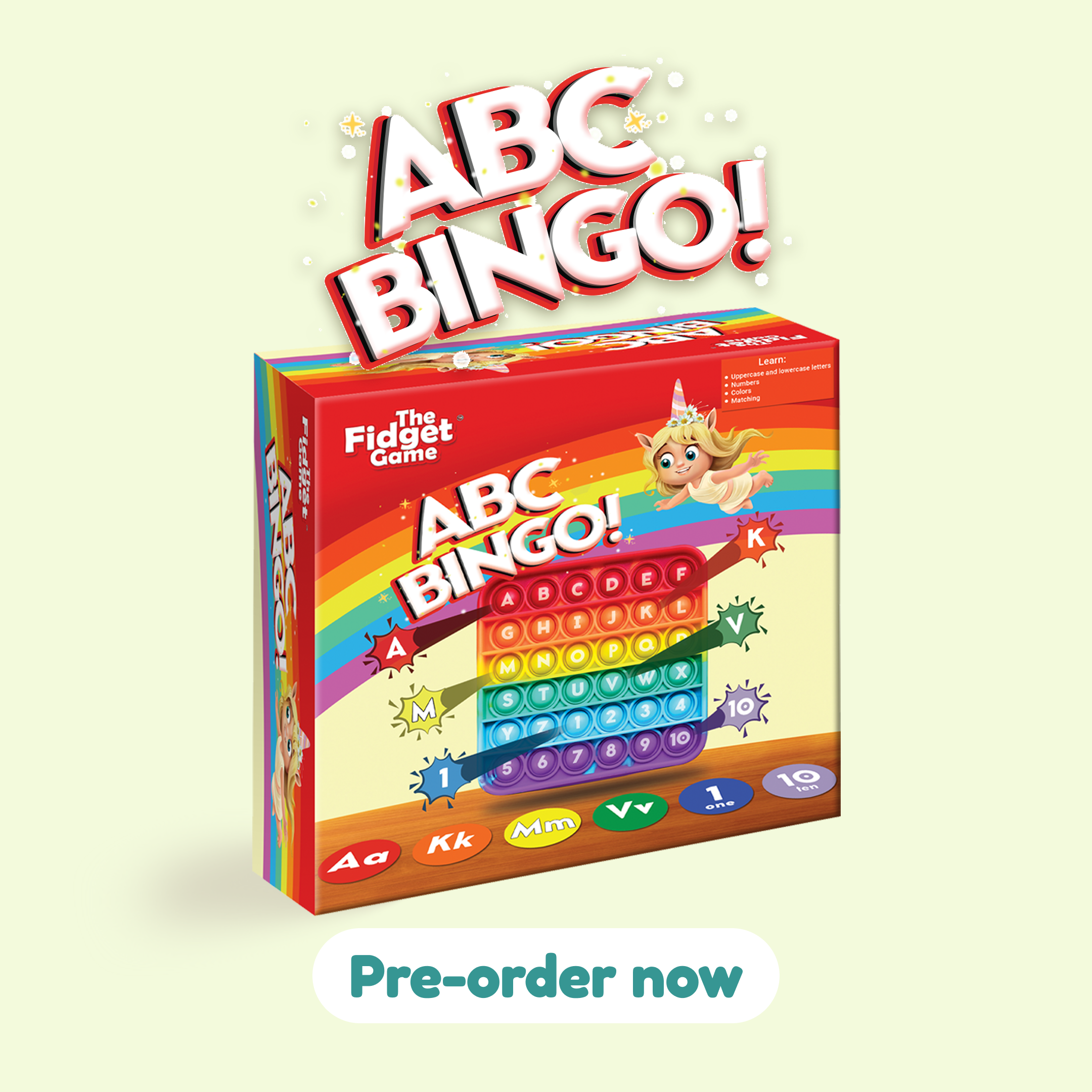 ABC Bingo game box with rainbow alphabet board