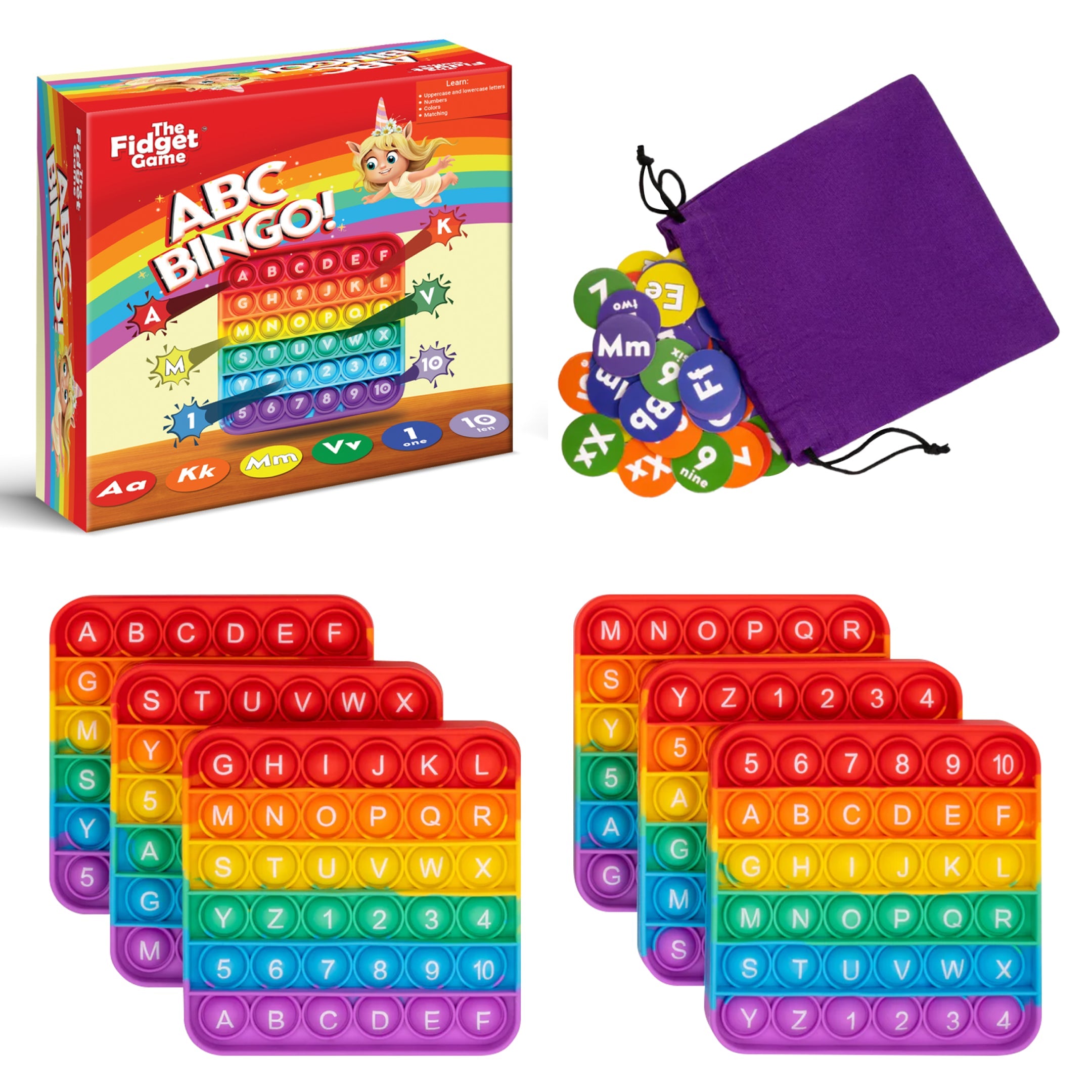 ABC Bingo box, rainbow letter boards, tokens and drawstring bag