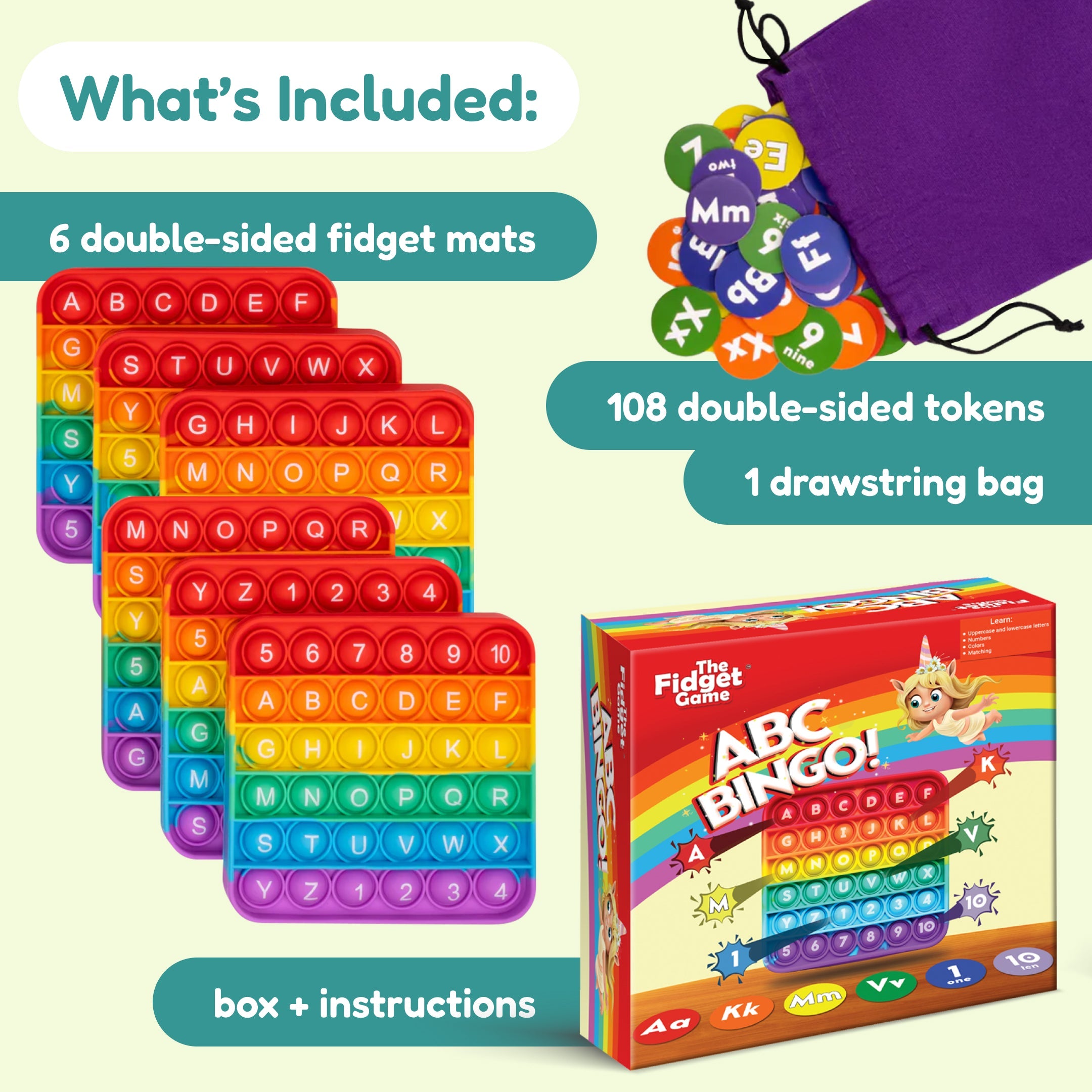 ABC Bingo contents including two boards, tokens, bag and instructions