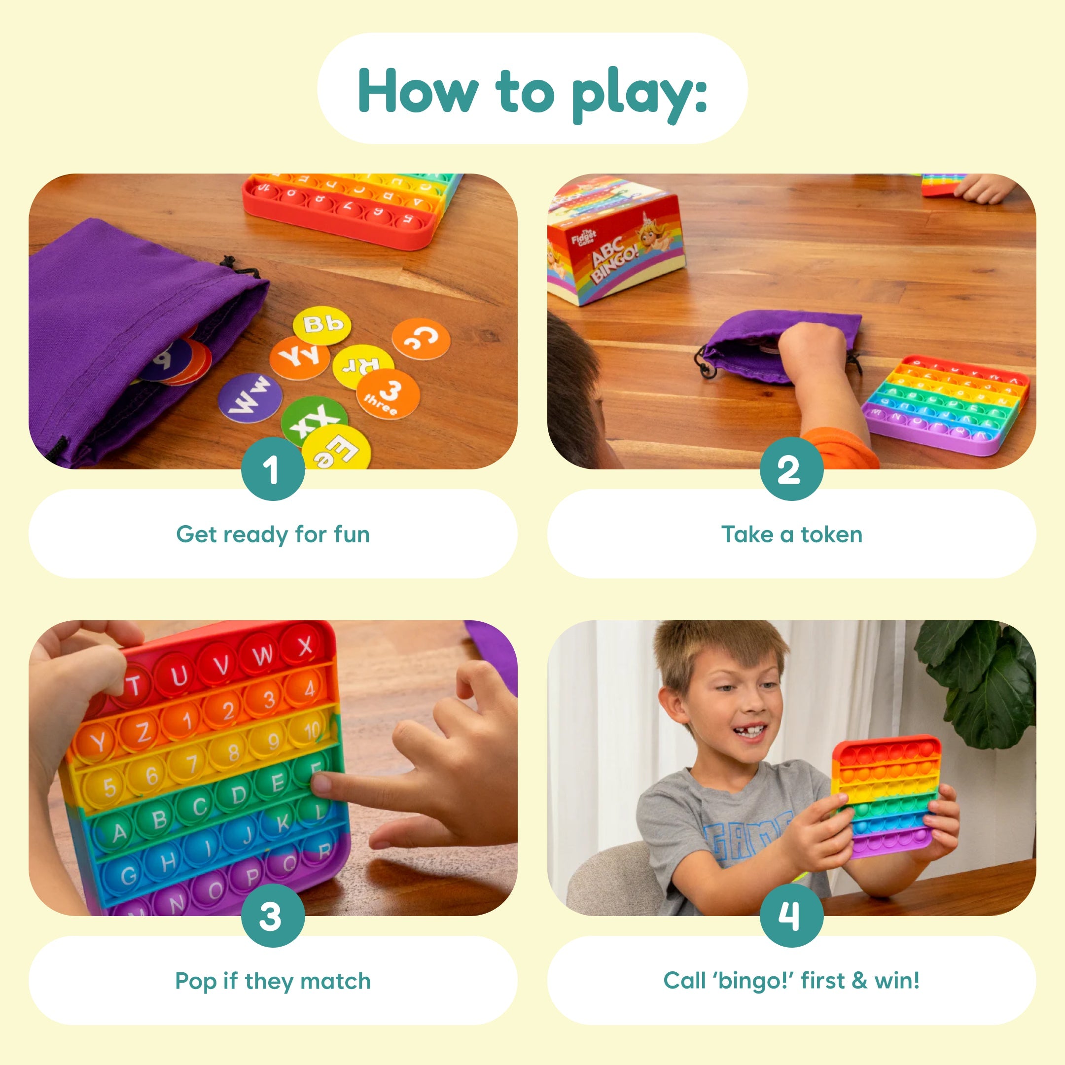 Four-step visual guide showing how to play ABC Bingo