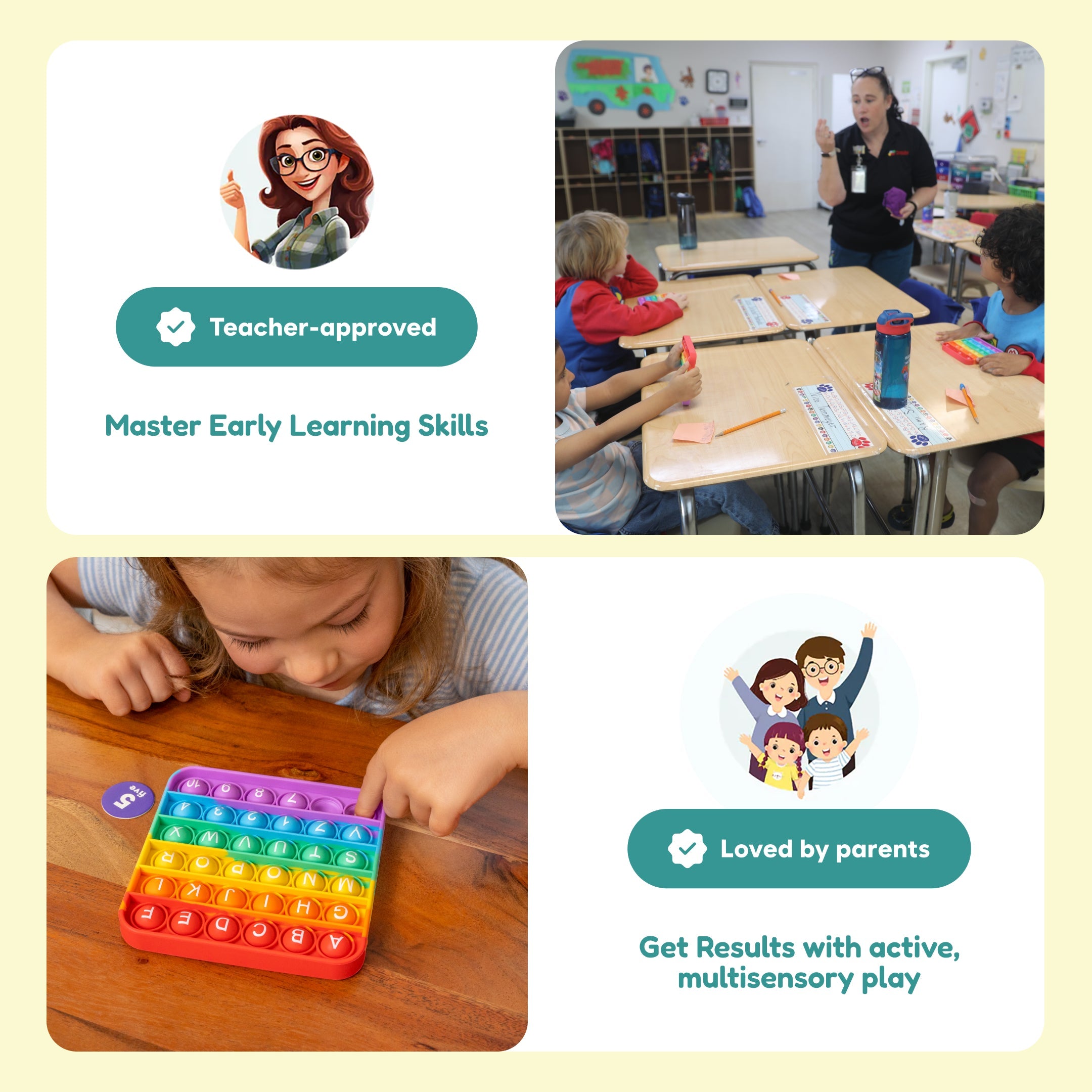 Children and adults using the ABC Bingo rainbow letter board
