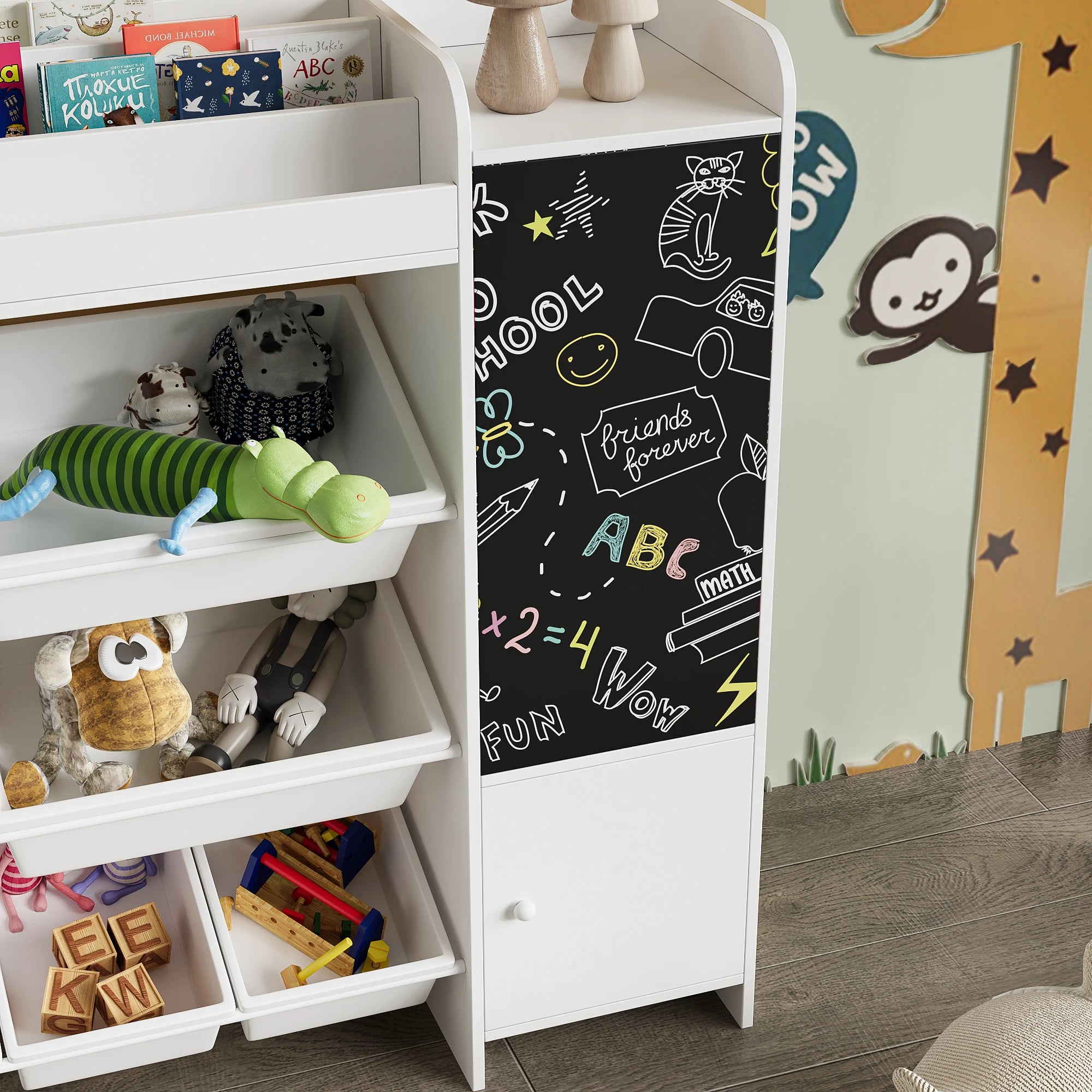Comanlai White Children's Bookshelf, Freestanding Kids Bookcase with Blackboard, 2 Doors and 8 Storage Baskets, Wooden Book Display Rack for Living Room, Playroom, Bedroom Storage Organizer, 94.5x137x30cm