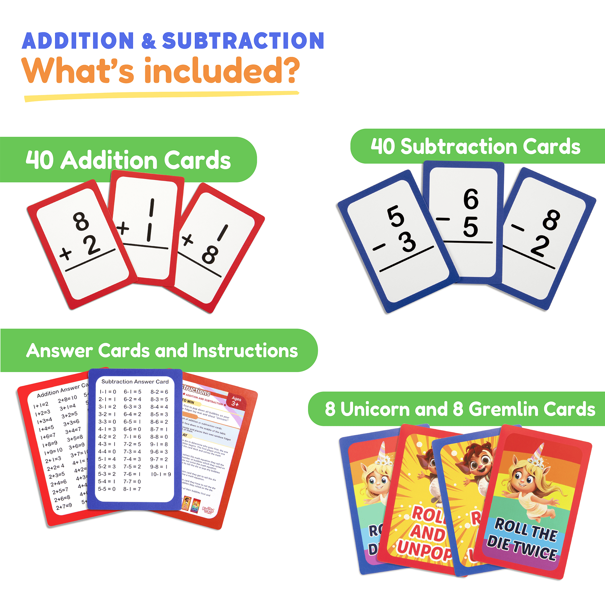 Illustrated addition and subtraction cards for early learners