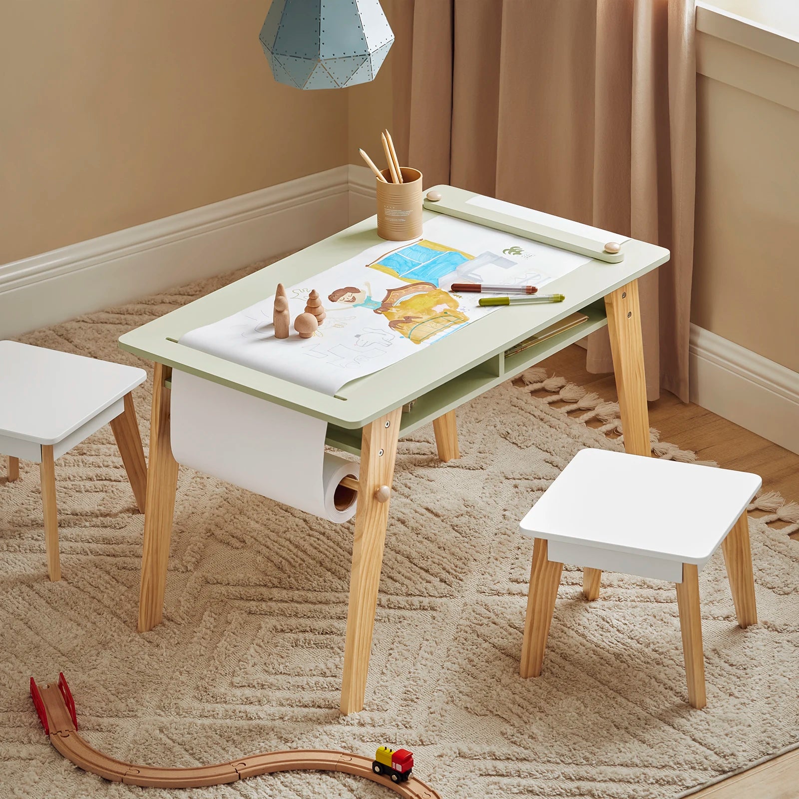 SoBuy KMB92-GR Children's table with 2 Chairs Child Seat Group with Storage Space for Children Child Seat Group Children White Green