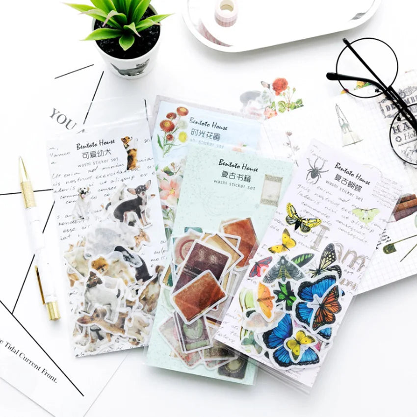 1packs/lot Kawaii Animal And Plant Retro Objects Stationery Stickers For Kids DIY Diary Scrapbooking Decor Supplies