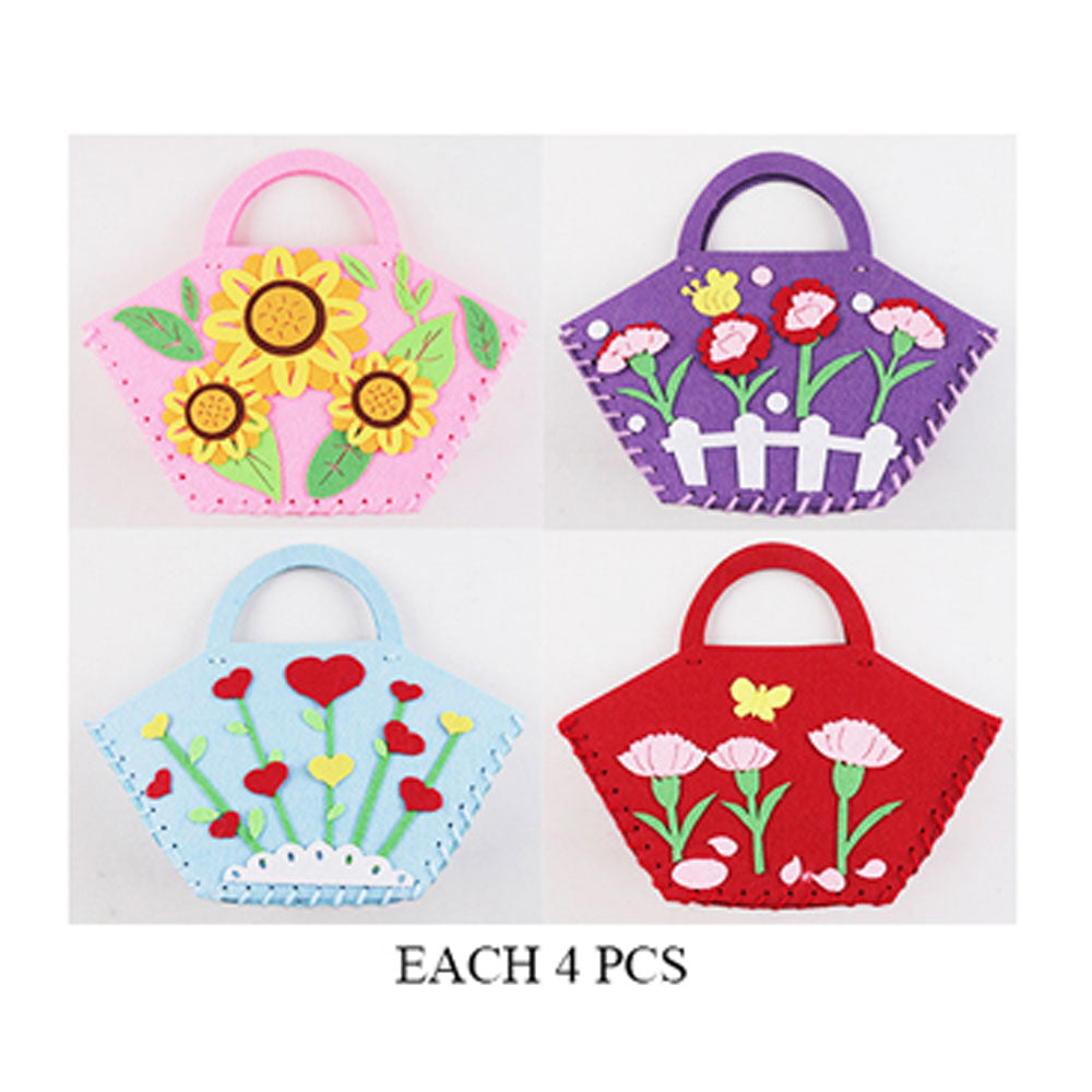 Four finished Little Stitchers felt handbags in pink, purple, blue and red floral designs