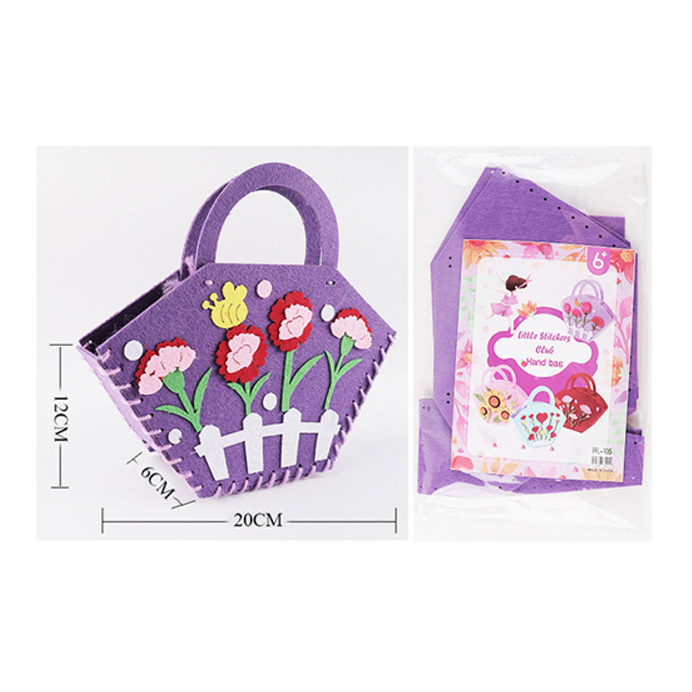 Purple floral felt handbag example beside the packaged Little Stitchers craft kit with dimensions