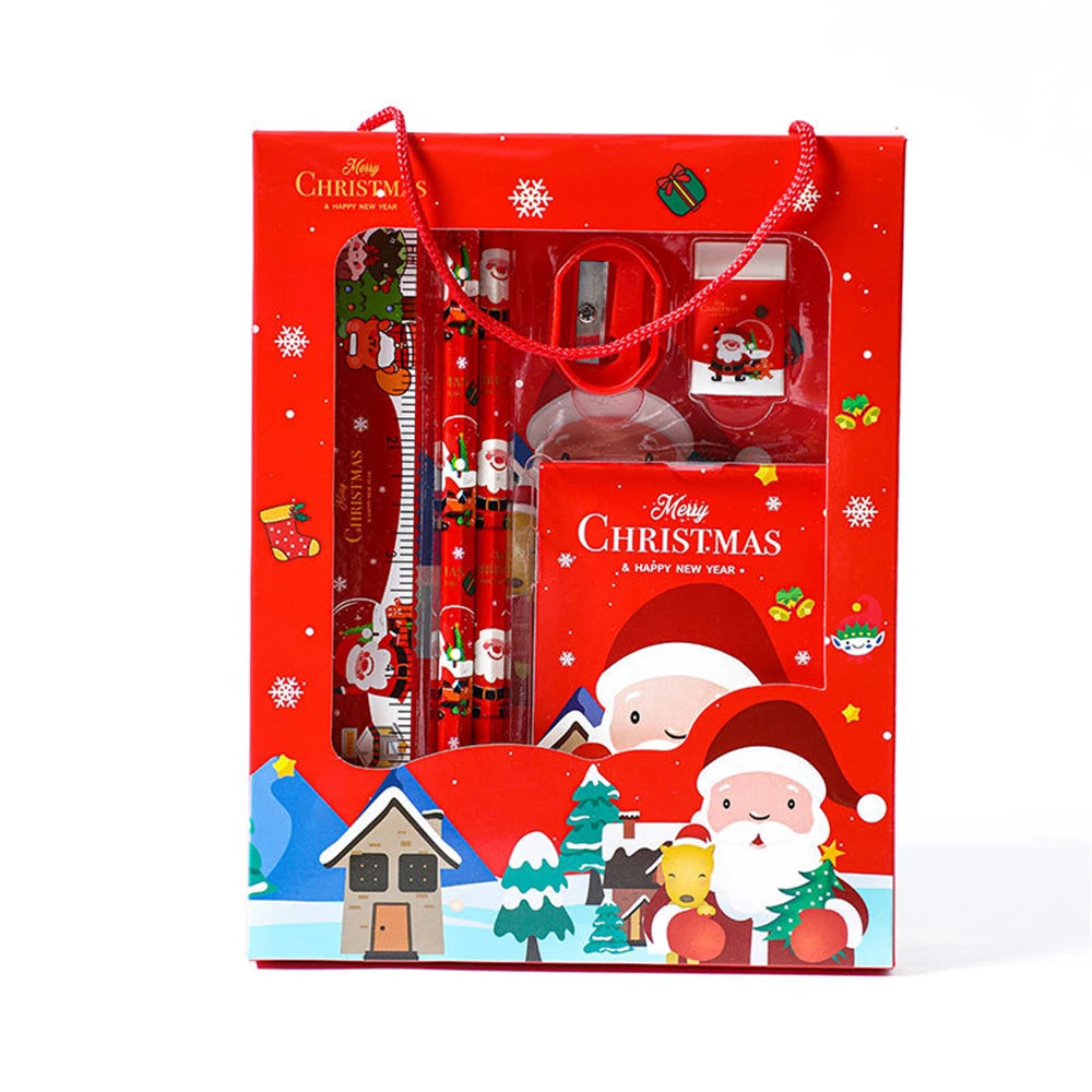 6pcs Christmas Stationery Set Kids Cartoon Pencils Eraser Ruler Memo Pads Pencil Knife Set School Supplies Back To School Gifts