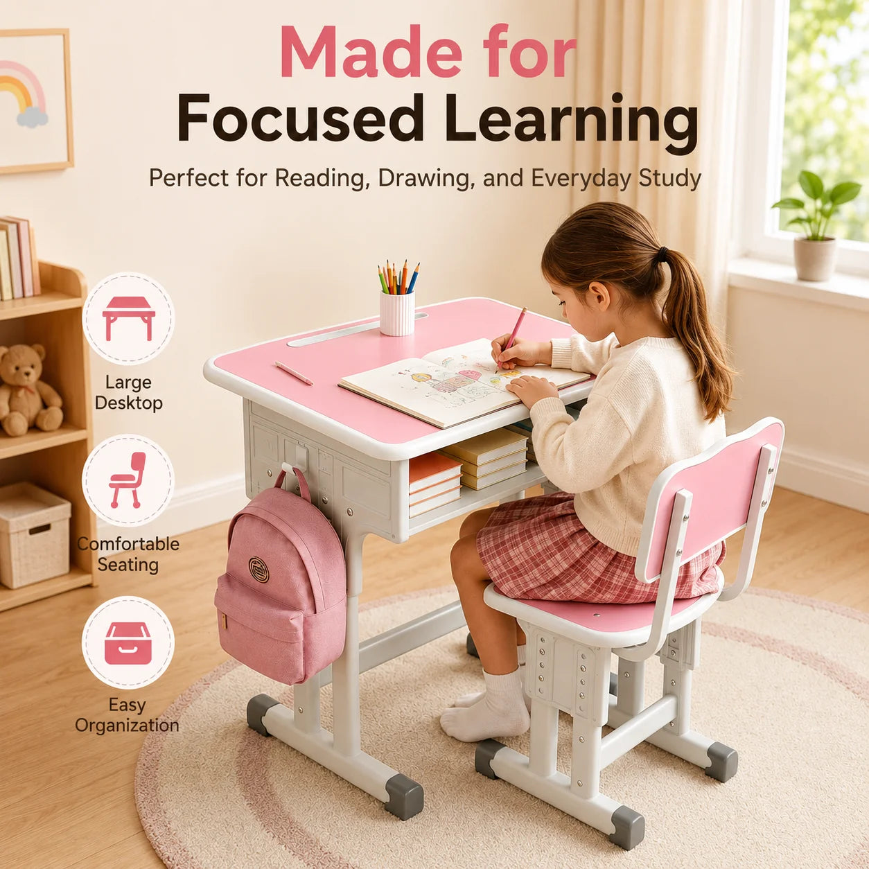 Height Adjustable Children Study Desk Chair Set Ergonomic Posture Kids Student Table Ages 3-18
