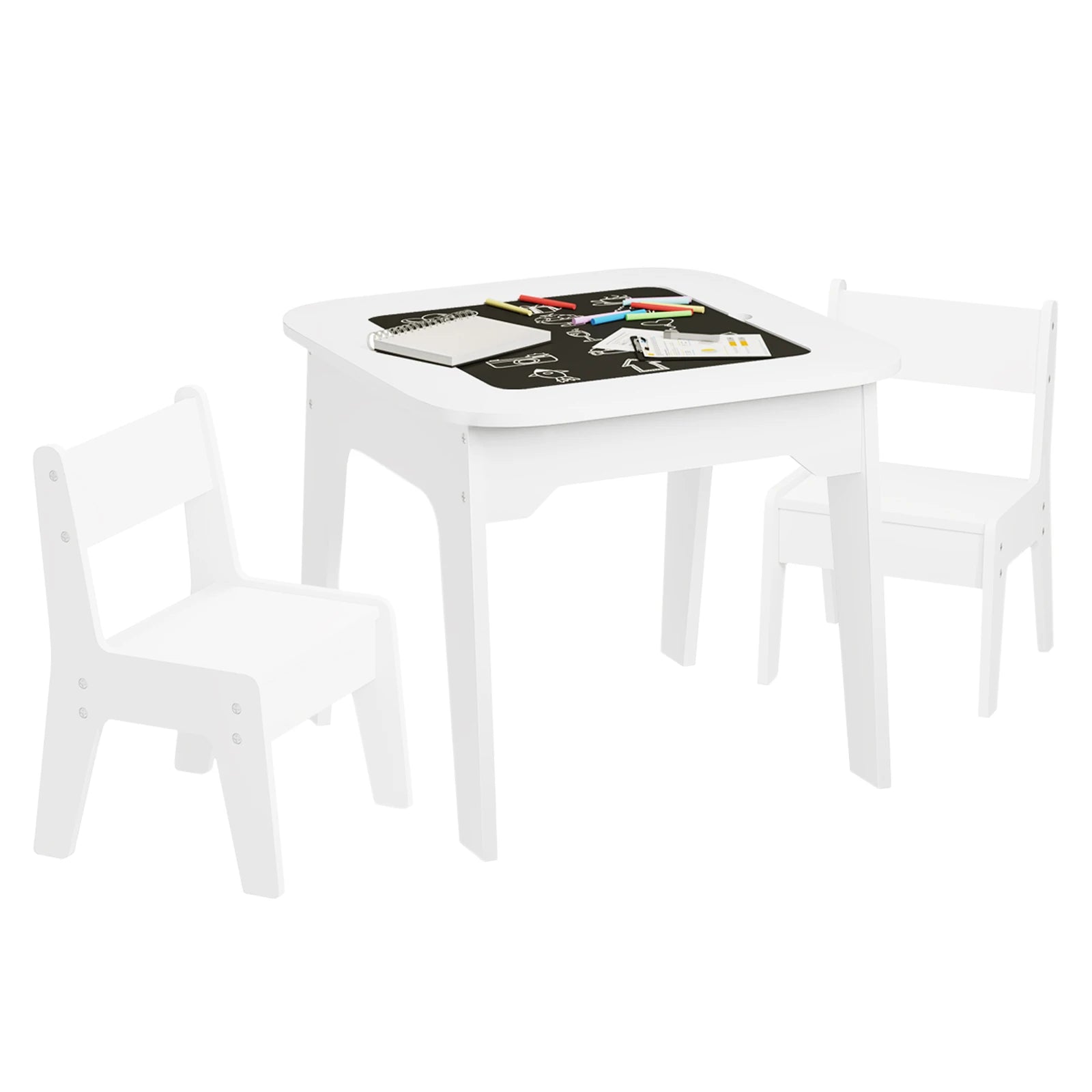 WOLTU White Children's Table with 2 Chairs Storage Space Writing Desk Double-Sided Table Top for Kids Study Learning Reading