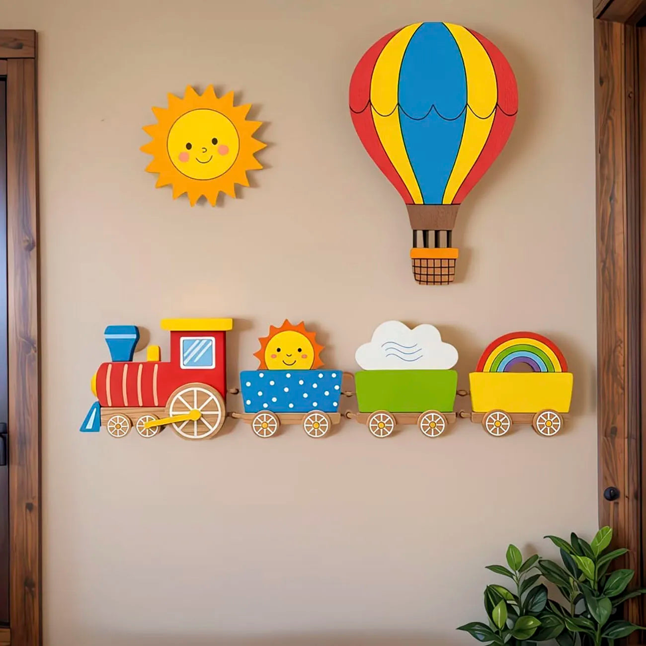 6Pcs Wooden Kids Wall Decor Set, Train & Hot Air Balloon Wall Art for Nursery