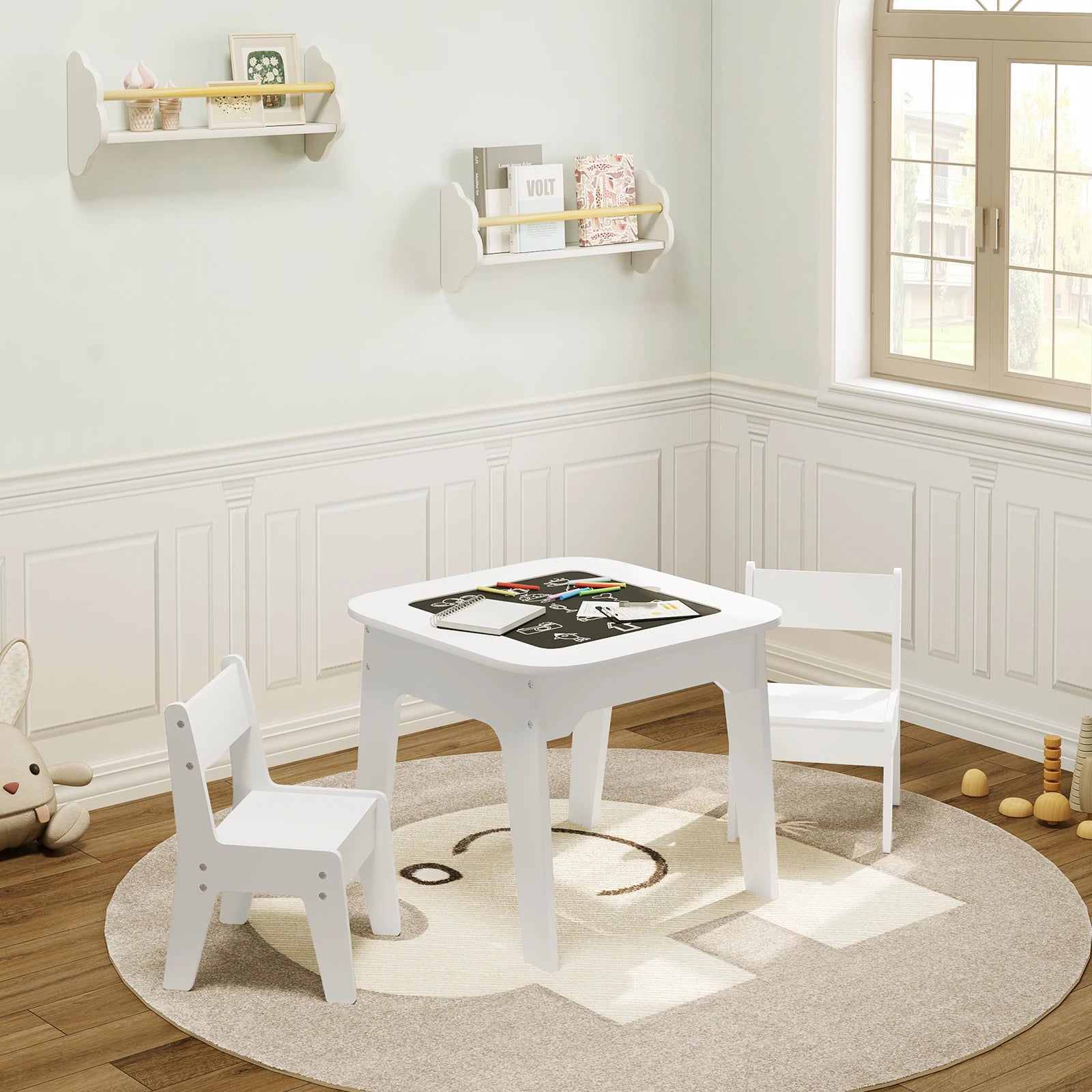 WOLTU White Children's Table with 2 Chairs Storage Space Writing Desk Double-Sided Table Top for Kids Study Learning Reading