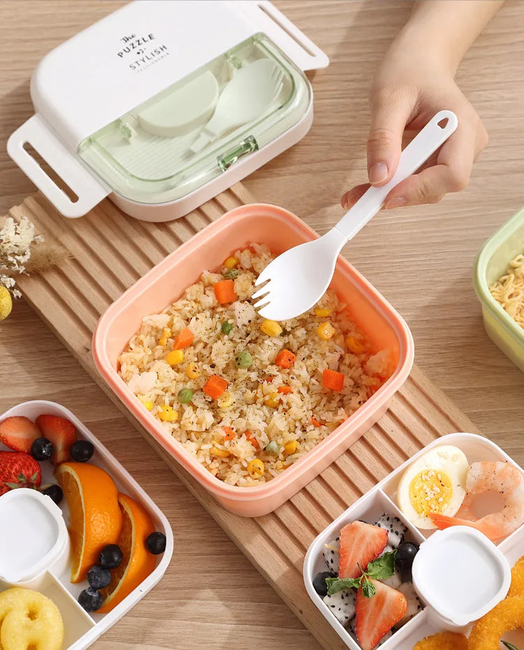 Bento Lunch Box,Portable Double Layer Salad Box,Lunch Box for Toddlers with Tableware,Microwavable Food Storage Container