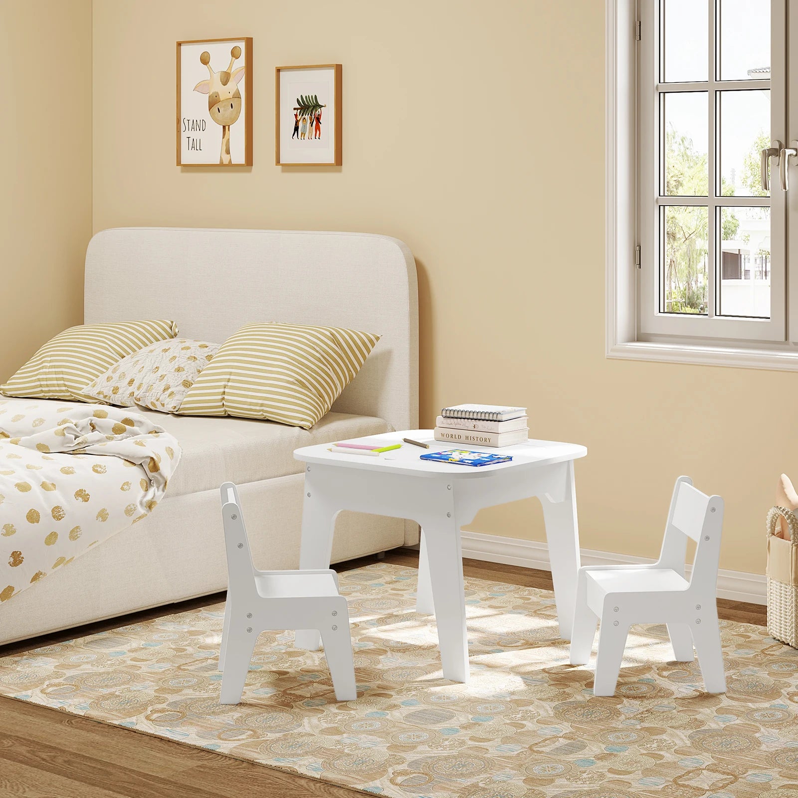 WOLTU White Children's Table with 2 Chairs Storage Space Writing Desk Double-Sided Table Top for Kids Study Learning Reading