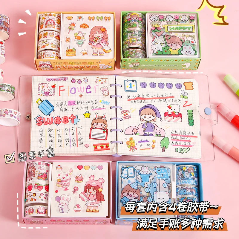 Kawaii Stationery Gift Set, PET Decorative Tape & Cute Stickers, DIY Journal Craft Supplies for Students & Scrapbook Lovers
