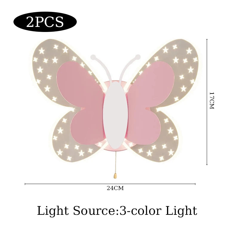Butterfly LED Wall Lamp Tricolor Adjustment Pull Switch Children Room Wall Light Creative Living Room Bedside Home Ddecor Lamps