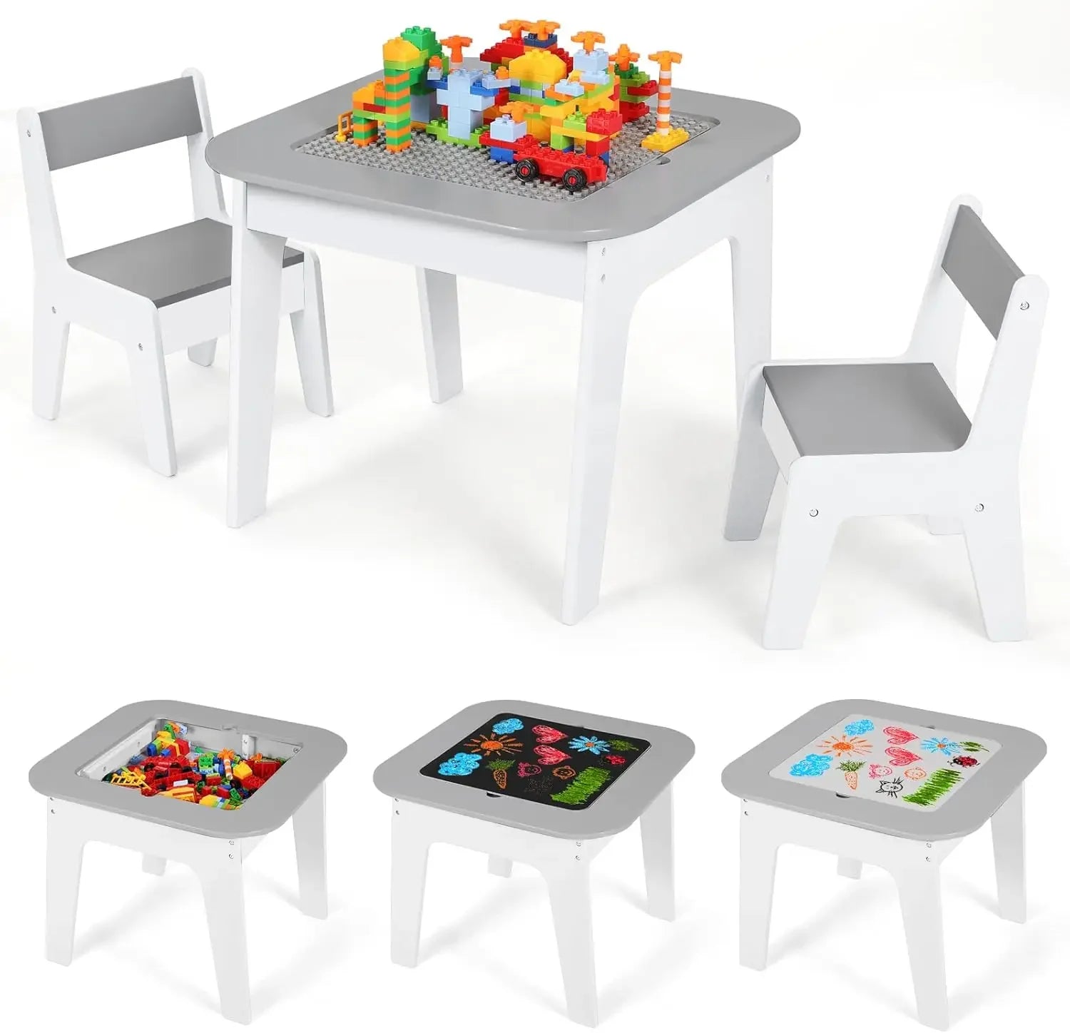 Wooden 2 in 1 Building Block Tabletop,Children's Activity Table and 2 Chairs with Storage for Arts, Crafts, Reading, Preschool