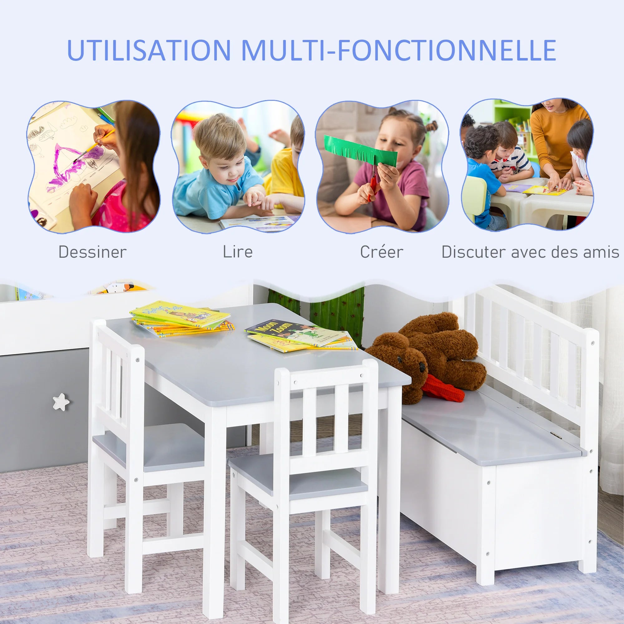 HOMCOM HOMCOM Children’s table and chairs set-4-piece set-table, 2 chairs, 2-in-1 chest bench-white pine MDF gray
