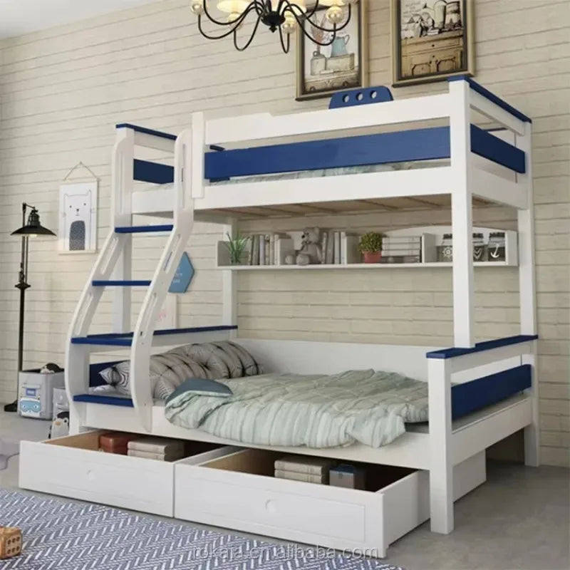 Kids Bedroom Furniture Wooden Bunk Bed Multifunctional Combination Children Beds Blue White Slide Bed for Boy