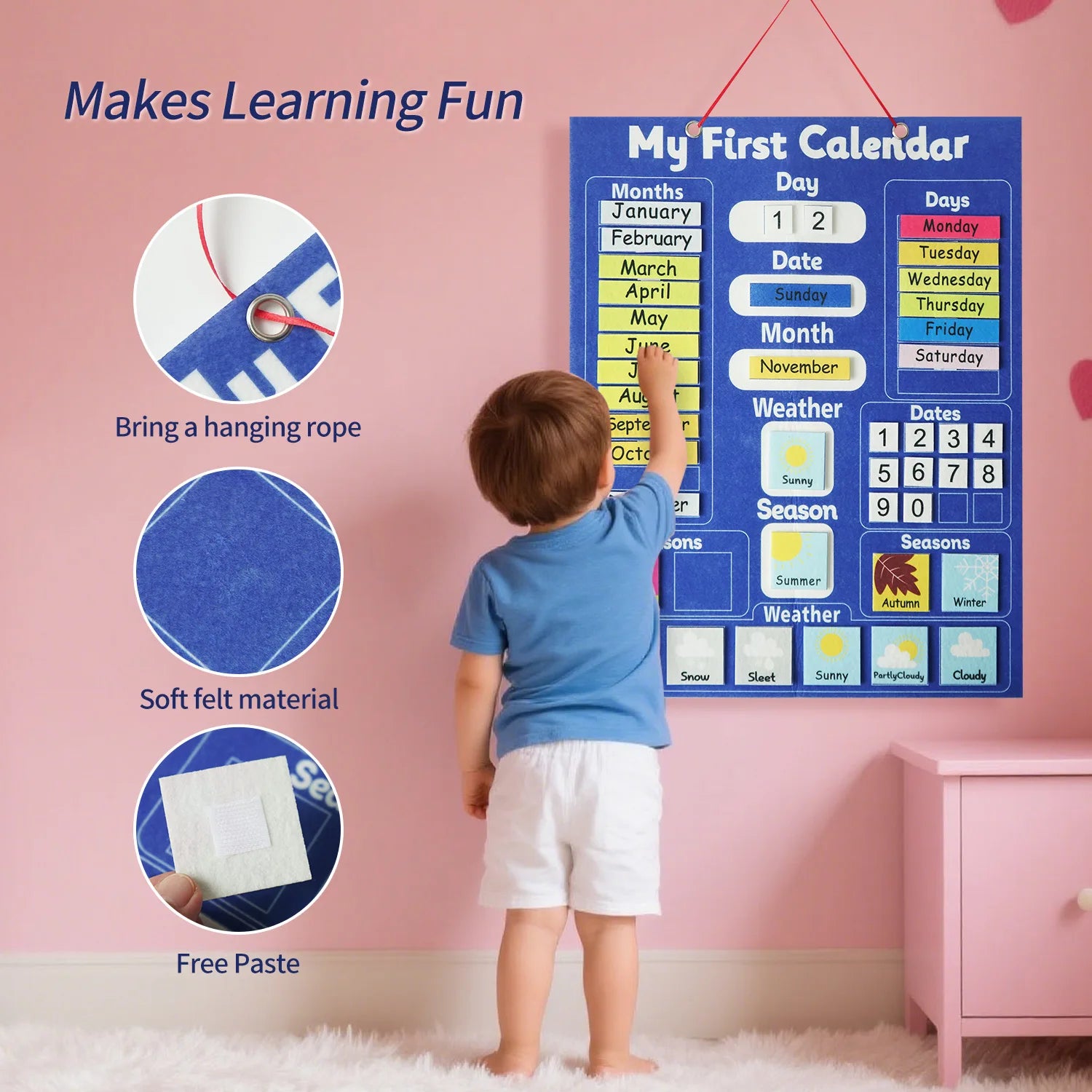 Children's Calendar Felt Board - Early Learning Wall Calendar with Weather Date Month Week Season Educational Charts for Kids