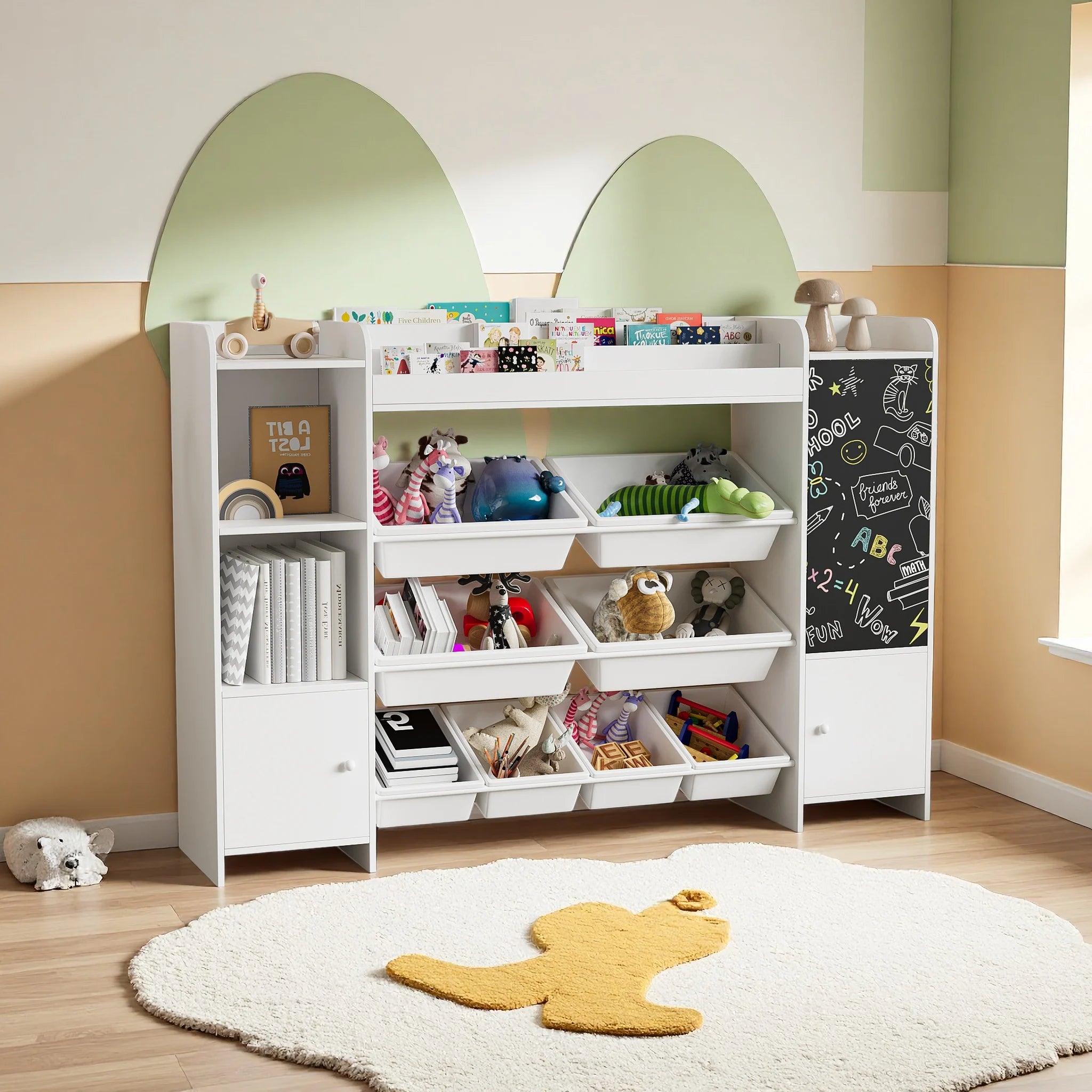 Comanlai White Children's Bookshelf, Freestanding Kids Bookcase with Blackboard, 2 Doors and 8 Storage Baskets, Wooden Book Display Rack for Living Room, Playroom, Bedroom Storage Organizer, 94.5x137x30cm