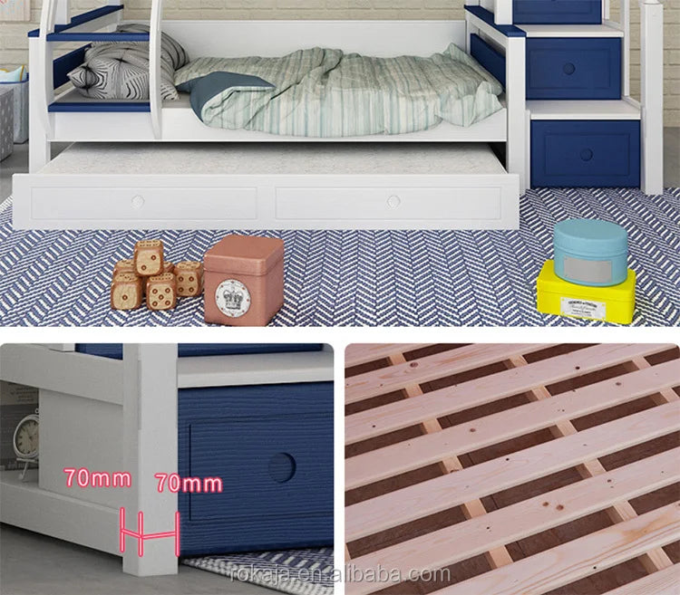Kids Bedroom Furniture Wooden Bunk Bed Multifunctional Combination Children Beds Blue White Slide Bed for Boy