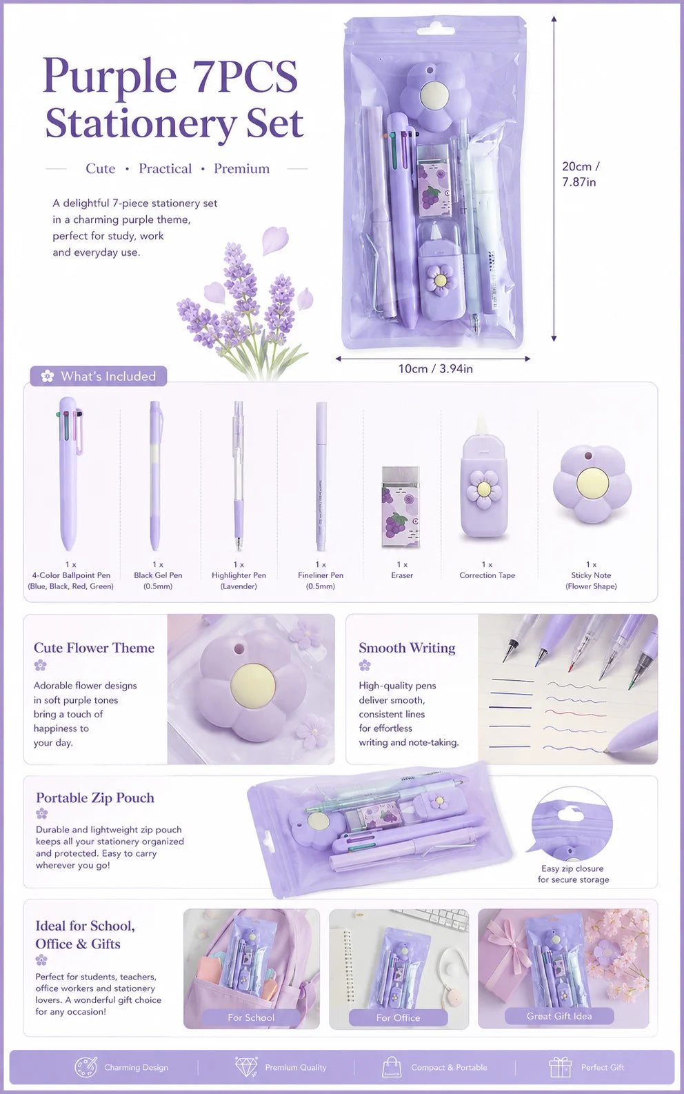 Kawaii Stationery Set 7pcs Cute School Gift Pack for Girls Teens