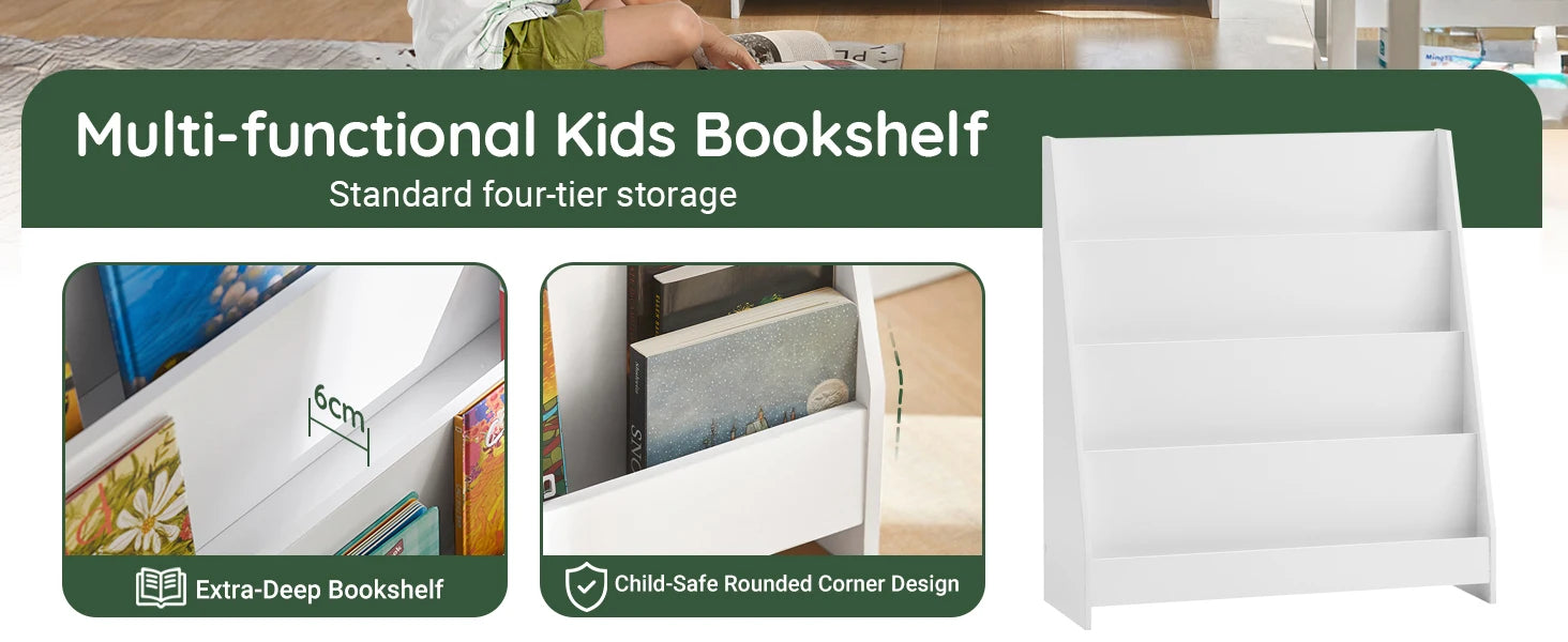SoBuy KMB32 Children's Bookshelf Children's Shelf Newspaper stand with 4 Shelves storage Shelf for Children White