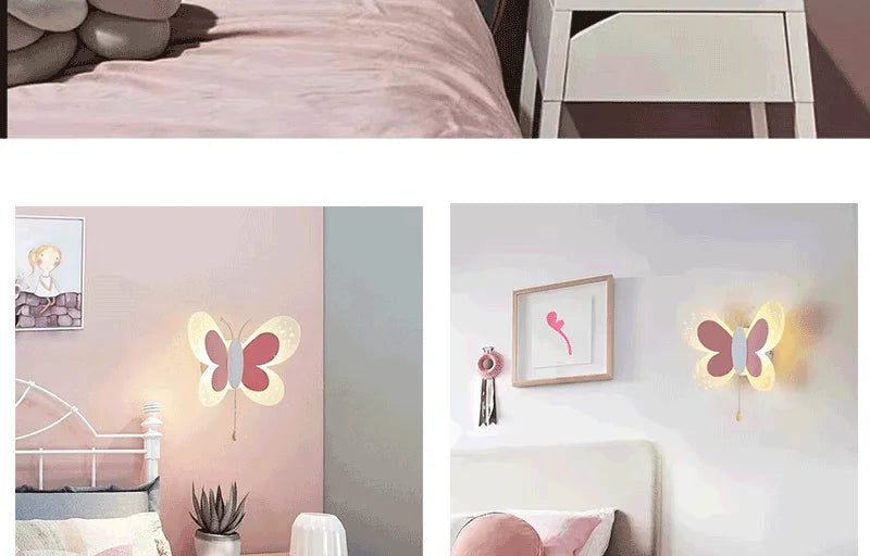 Butterfly LED Wall Lamp Tricolor Adjustment Pull Switch Children Room Wall Light Creative Living Room Bedside Home Ddecor Lamps