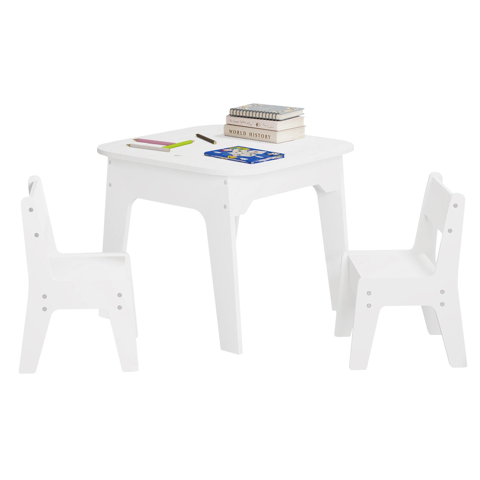 WOLTU White Children's Table with 2 Chairs Storage Space Writing Desk Double-Sided Table Top for Kids Study Learning Reading
