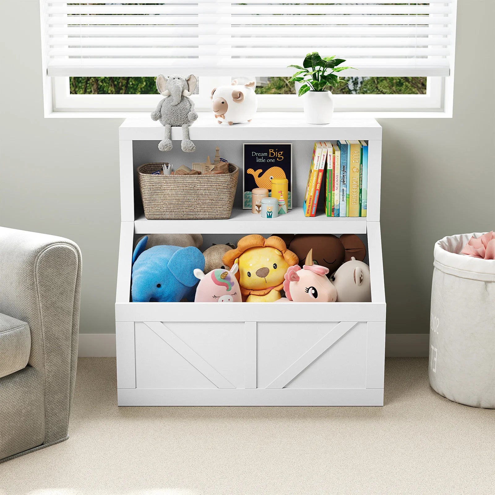 Kids Bookshelf & Toy Storage Cabinet - 2-Tier Wooden Toddler Bookcase with Large Cubbies and 2 Shelves, Space-Saving Book Organizer for Playroom, Bedroom, Nursery, Study area or Daycare