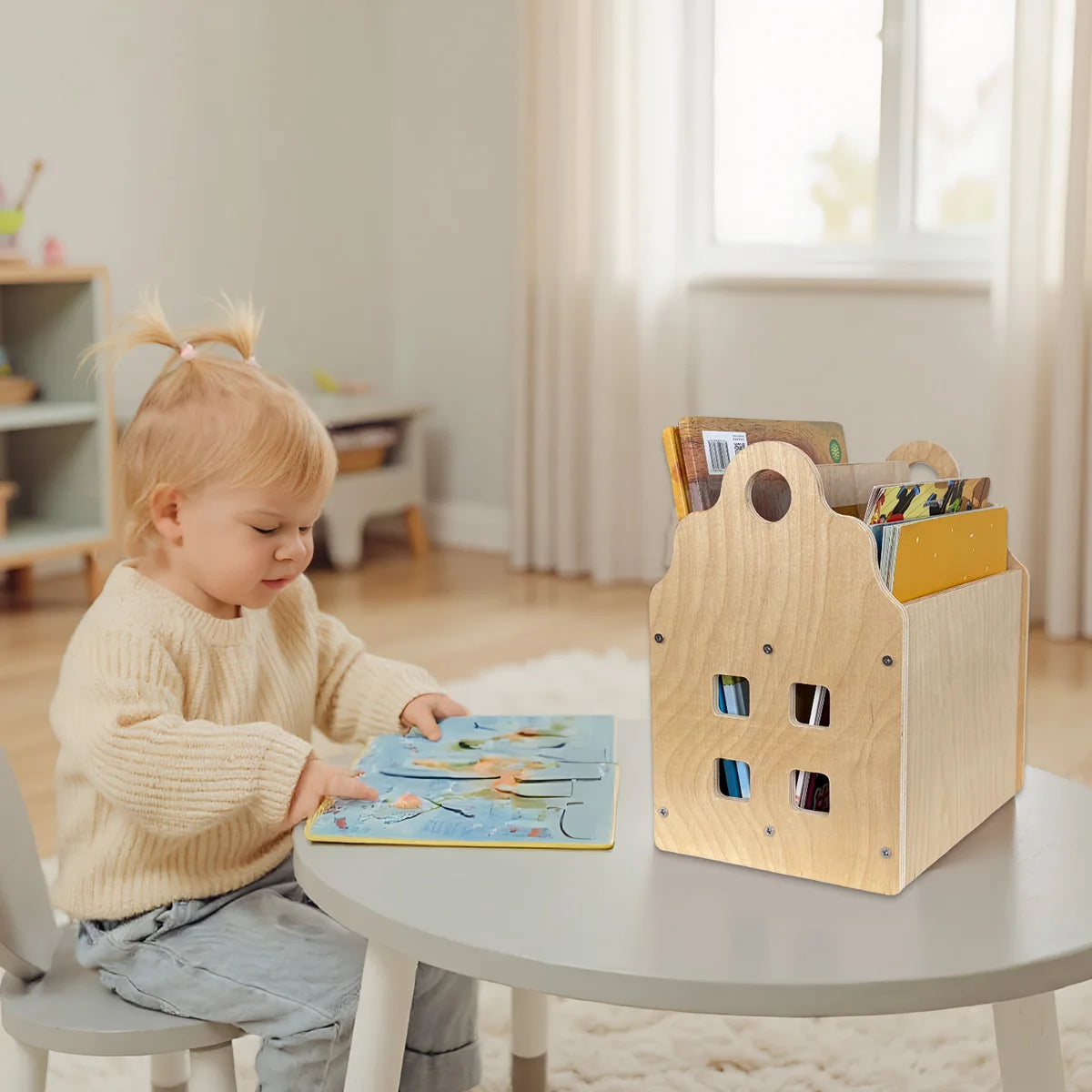 Toddler Bookshelf Double-Sided with 2 Tier Wooden Montessori Book Rack for Baby Nursery Room, Bedroom Bookcase Storage Organizer