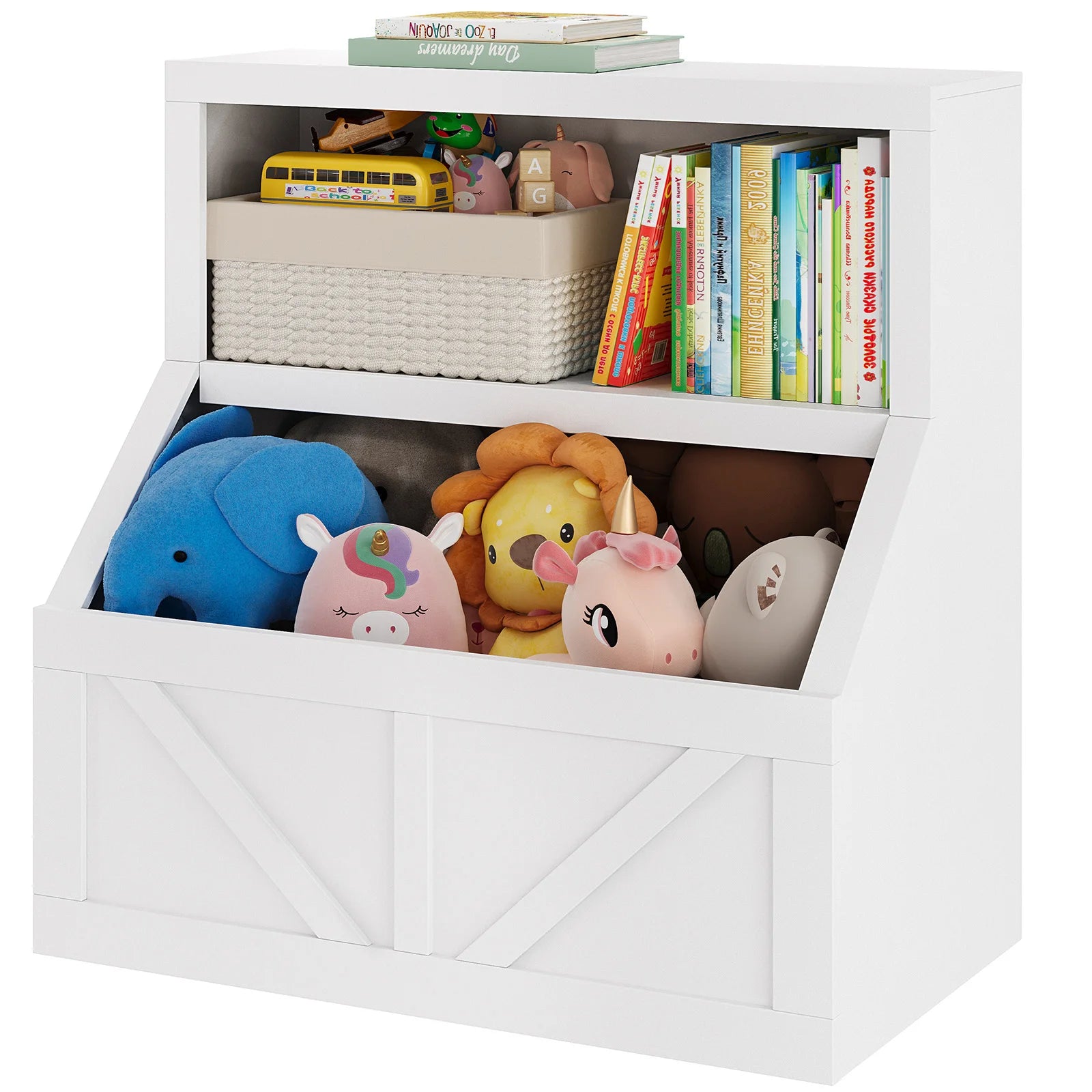 Kids Bookshelf & Toy Storage Cabinet - 2-Tier Wooden Toddler Bookcase with Large Cubbies and 2 Shelves, Space-Saving Book Organizer for Playroom, Bedroom, Nursery, Study area or Daycare