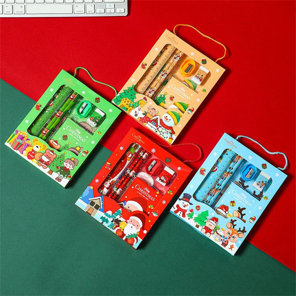 6pcs Christmas Stationery Set Kids Cartoon Pencils Eraser Ruler Memo Pads Pencil Knife Set School Supplies Back To School Gifts
