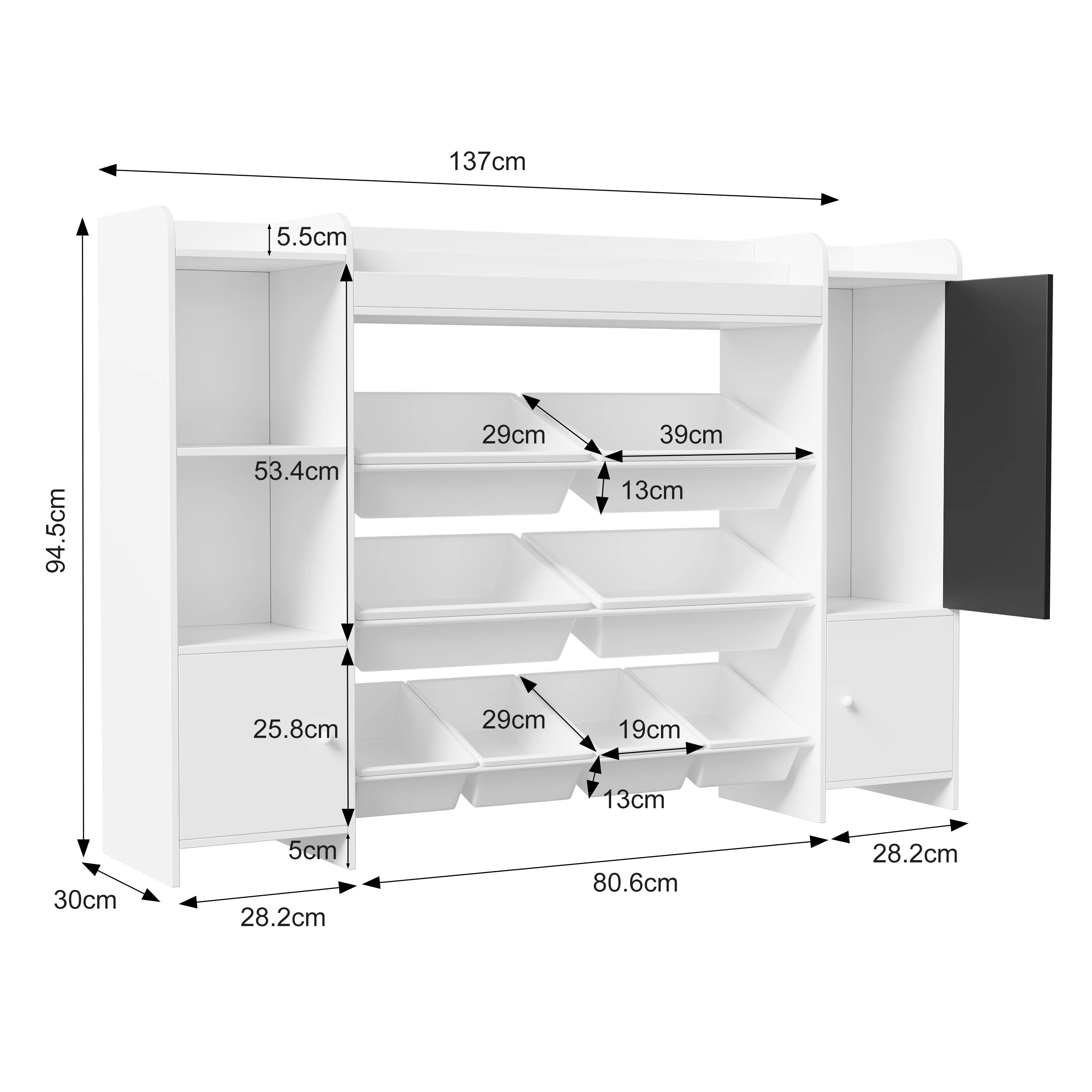 Comanlai White Children's Bookshelf, Freestanding Kids Bookcase with Blackboard, 2 Doors and 8 Storage Baskets, Wooden Book Display Rack for Living Room, Playroom, Bedroom Storage Organizer, 94.5x137x30cm