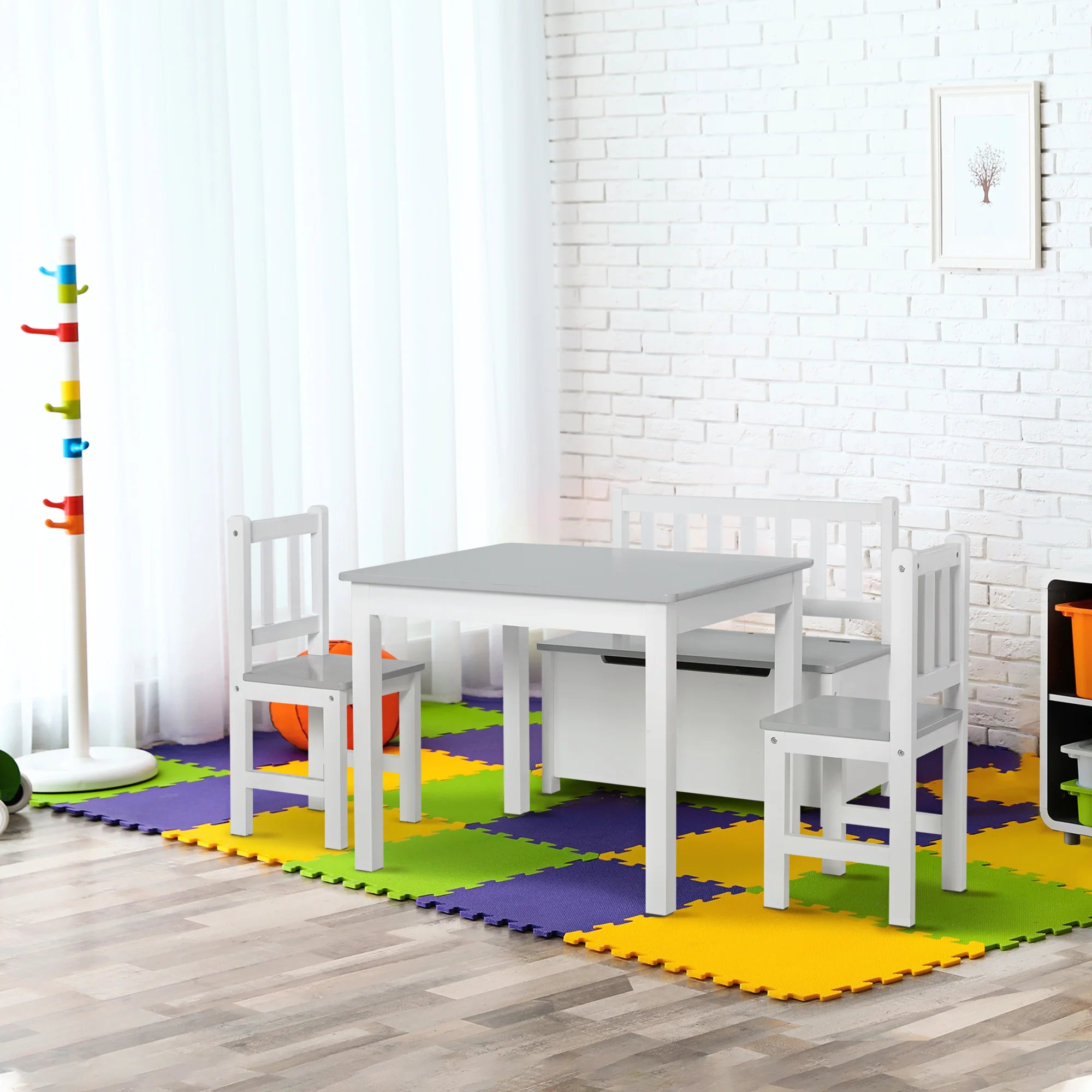 HOMCOM HOMCOM Children’s table and chairs set-4-piece set-table, 2 chairs, 2-in-1 chest bench-white pine MDF gray