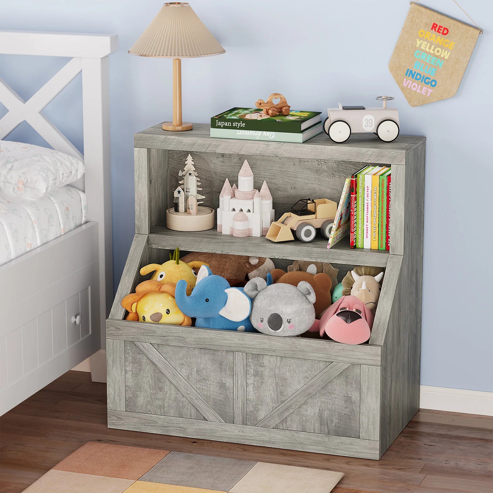 Kids Bookshelf & Toy Storage Cabinet - 2-Tier Wooden Toddler Bookcase with Large Cubbies and 2 Shelves, Space-Saving Book Organizer for Playroom, Bedroom, Nursery, Study area or Daycare