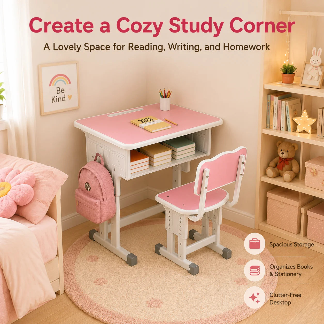 Height Adjustable Children Study Desk Chair Set Ergonomic Posture Kids Student Table Ages 3-18