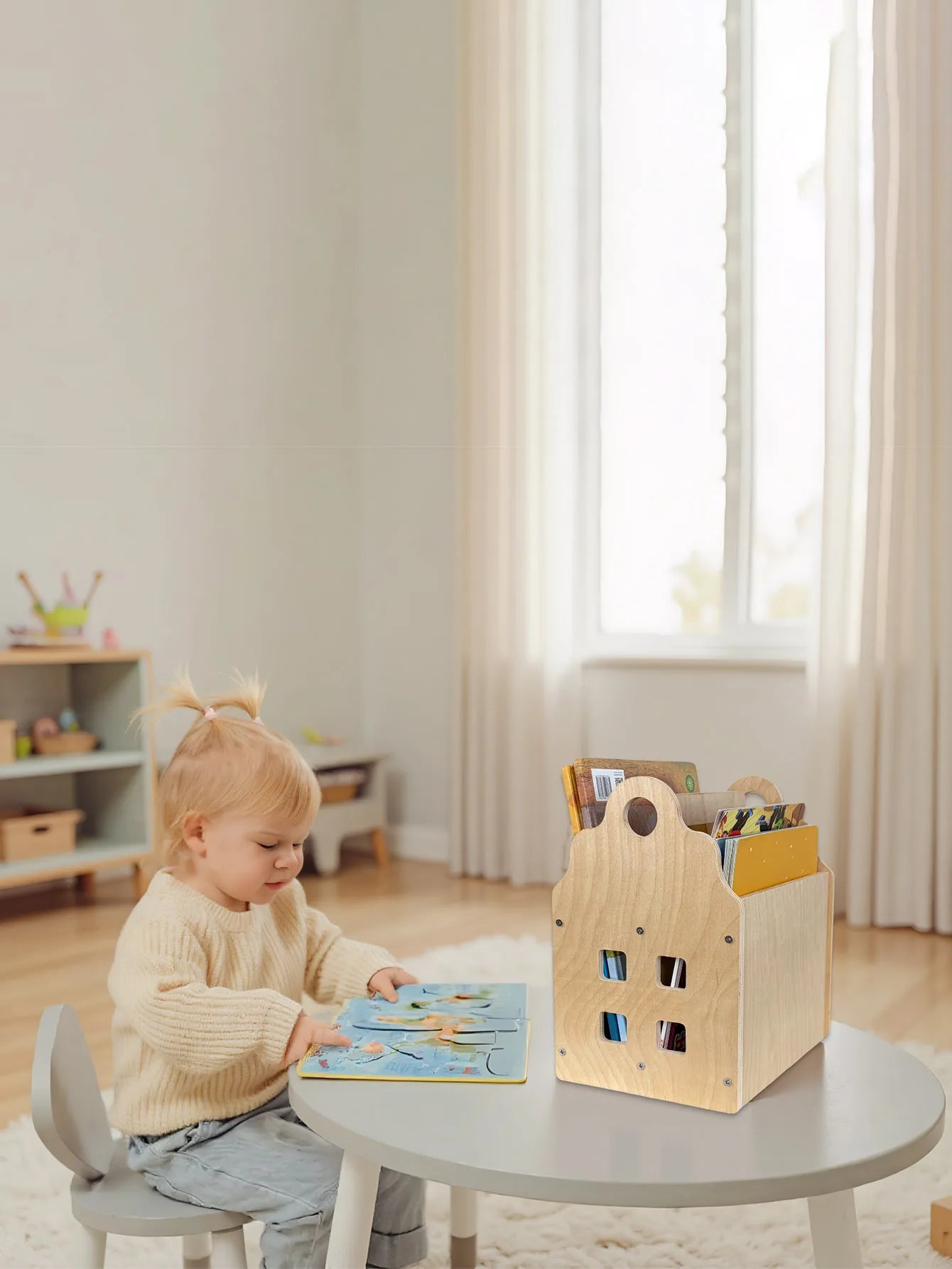 Toddler Bookshelf Double-Sided with 2 Tier Wooden Montessori Book Rack for Baby Nursery Room, Bedroom Bookcase Storage Organizer