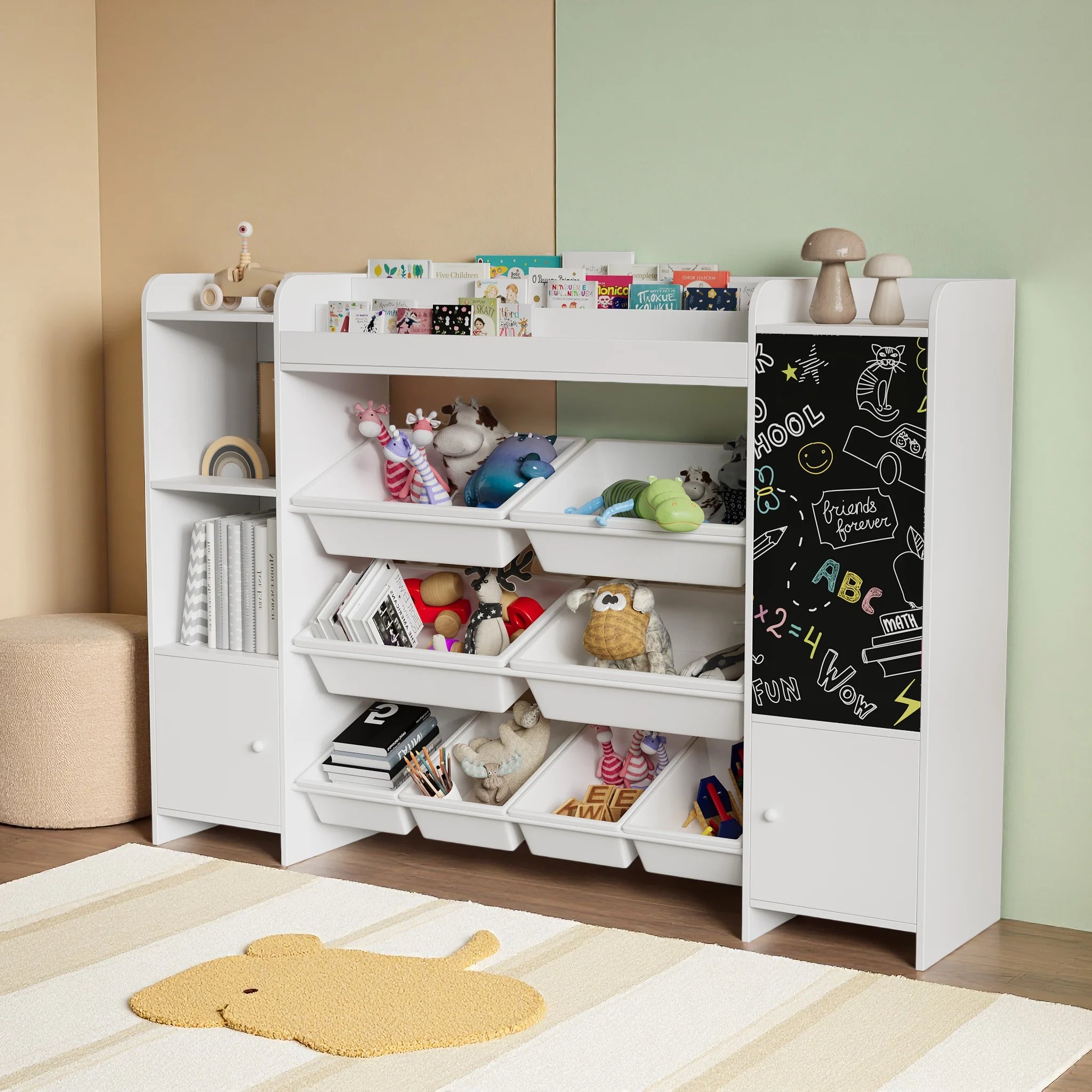 Comanlai White Children's Bookshelf, Freestanding Kids Bookcase with Blackboard, 2 Doors and 8 Storage Baskets, Wooden Book Display Rack for Living Room, Playroom, Bedroom Storage Organizer, 94.5x137x30cm
