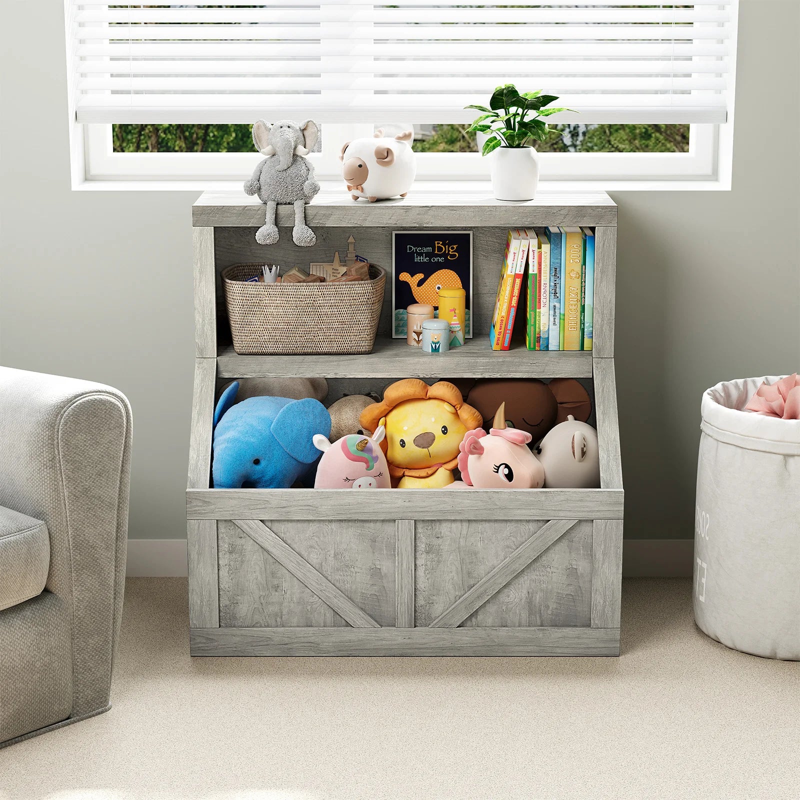 Kids Bookshelf & Toy Storage Cabinet - 2-Tier Wooden Toddler Bookcase with Large Cubbies and 2 Shelves, Space-Saving Book Organizer for Playroom, Bedroom, Nursery, Study area or Daycare
