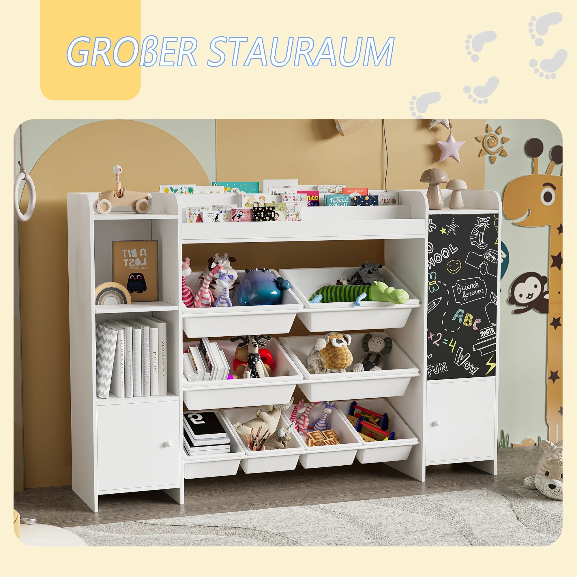 Comanlai White Children's Bookshelf, Freestanding Kids Bookcase with Blackboard, 2 Doors and 8 Storage Baskets, Wooden Book Display Rack for Living Room, Playroom, Bedroom Storage Organizer, 94.5x137x30cm