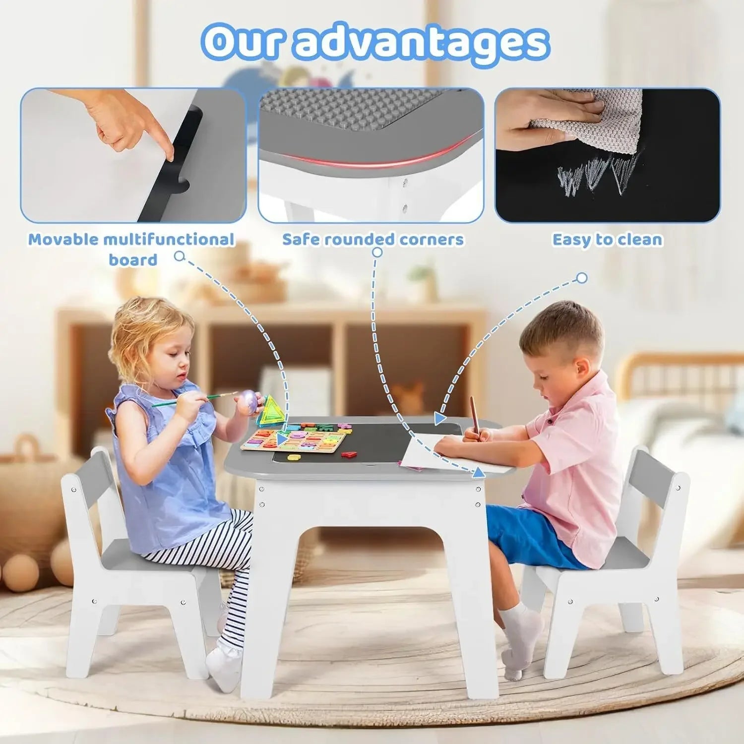 Wooden 2 in 1 Building Block Tabletop,Children's Activity Table and 2 Chairs with Storage for Arts, Crafts, Reading, Preschool