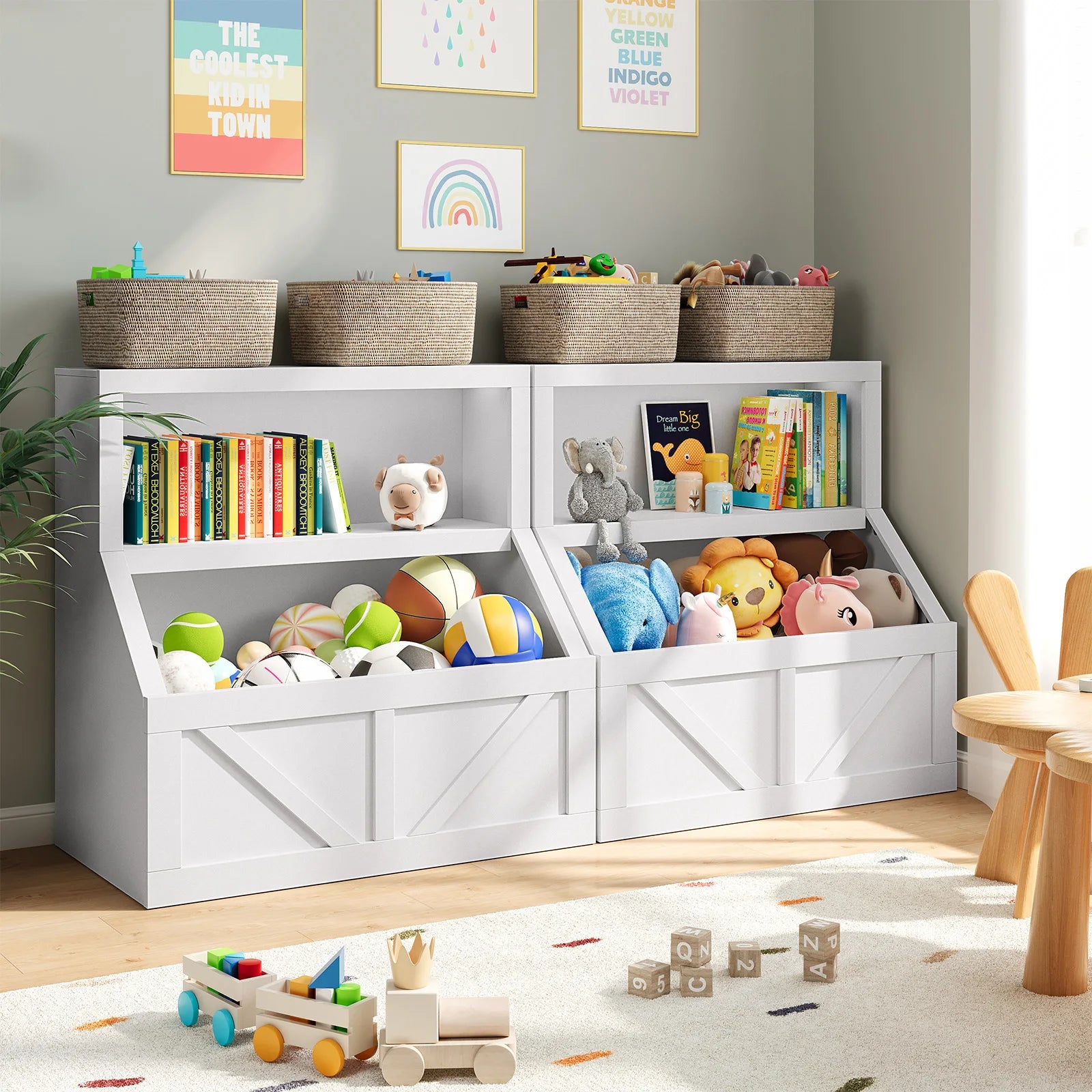 Kids Bookshelf & Toy Storage Cabinet - 2-Tier Wooden Toddler Bookcase with Large Cubbies and 2 Shelves, Space-Saving Book Organizer for Playroom, Bedroom, Nursery, Study area or Daycare