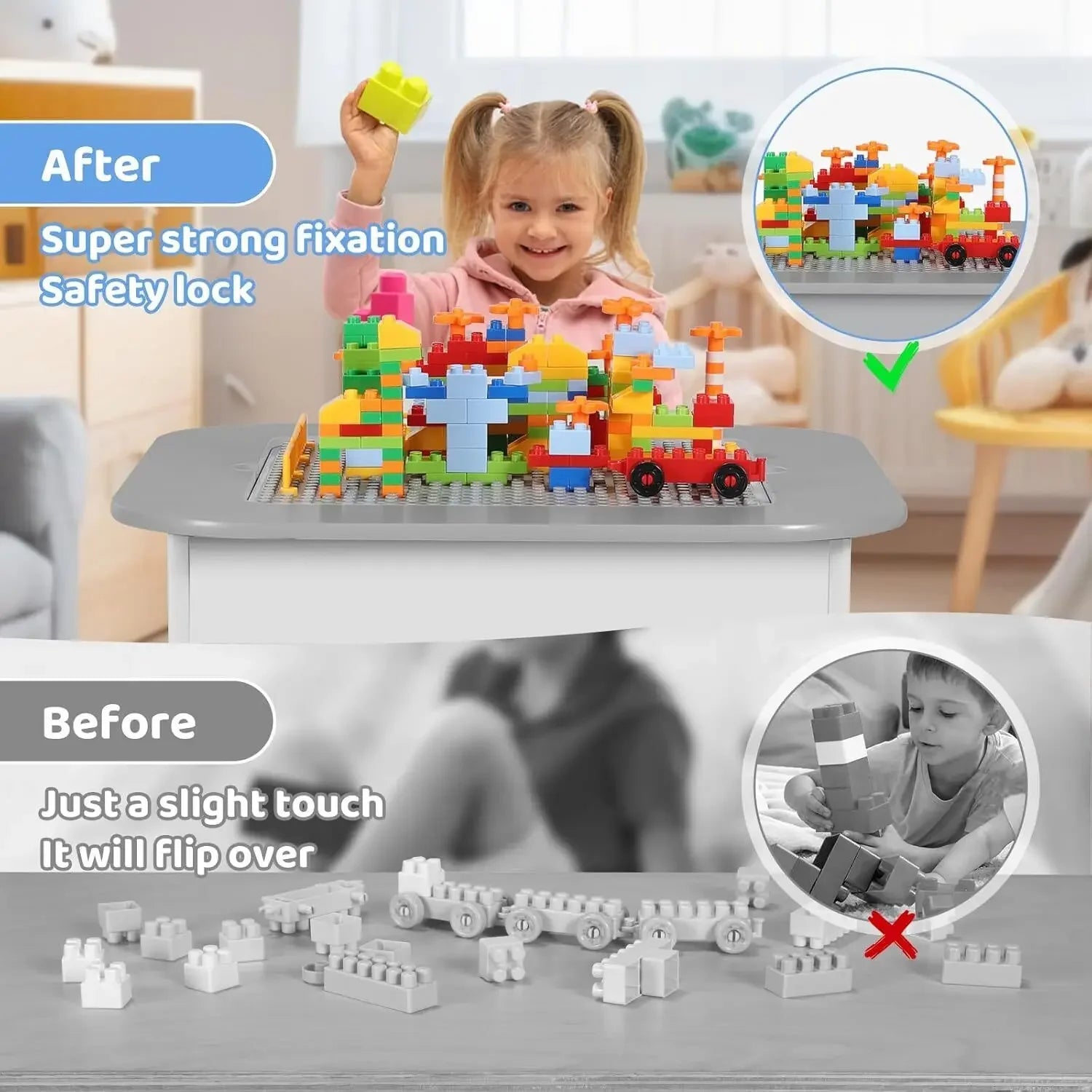 Wooden 2 in 1 Building Block Tabletop,Children's Activity Table and 2 Chairs with Storage for Arts, Crafts, Reading, Preschool